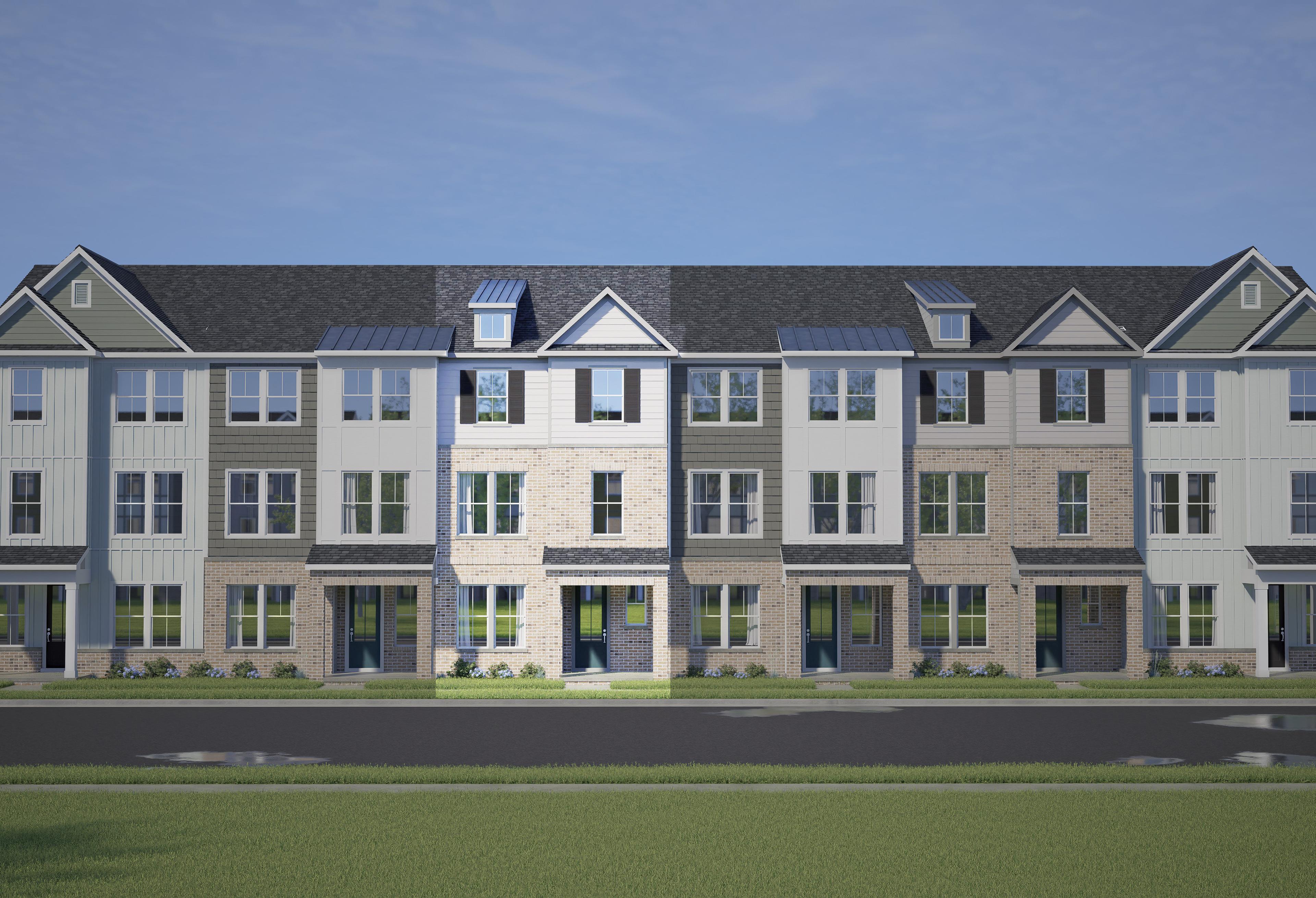 Row of three-story The Mitchell townhomes with neutral siding, gabled roofs, porches, and garages in Knightdale NC