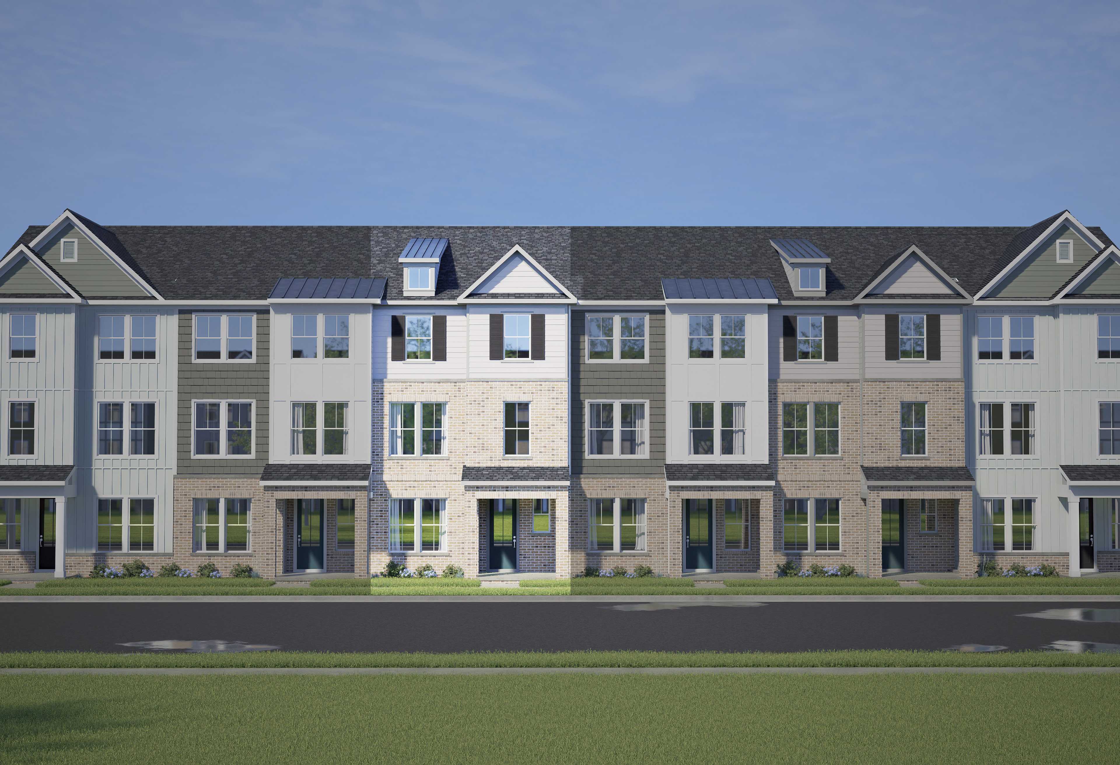 Row of three-story The Mitchell townhomes with neutral siding, gabled roofs, porches, and garages in Knightdale NC