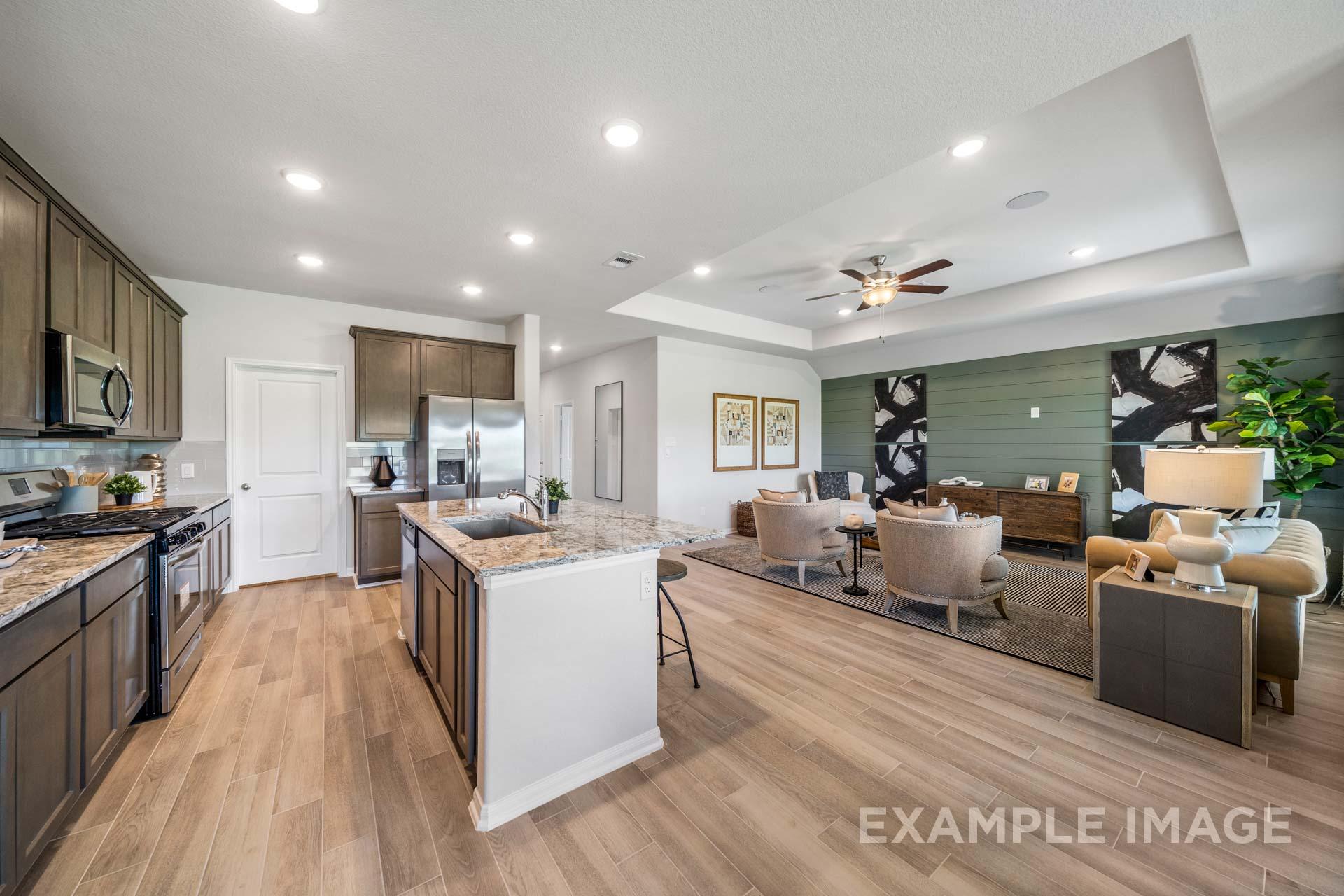 Open-concept kitchen and living area in The Acadia A home with dark cabinets, granite island, stainless appliances, and green accent wall