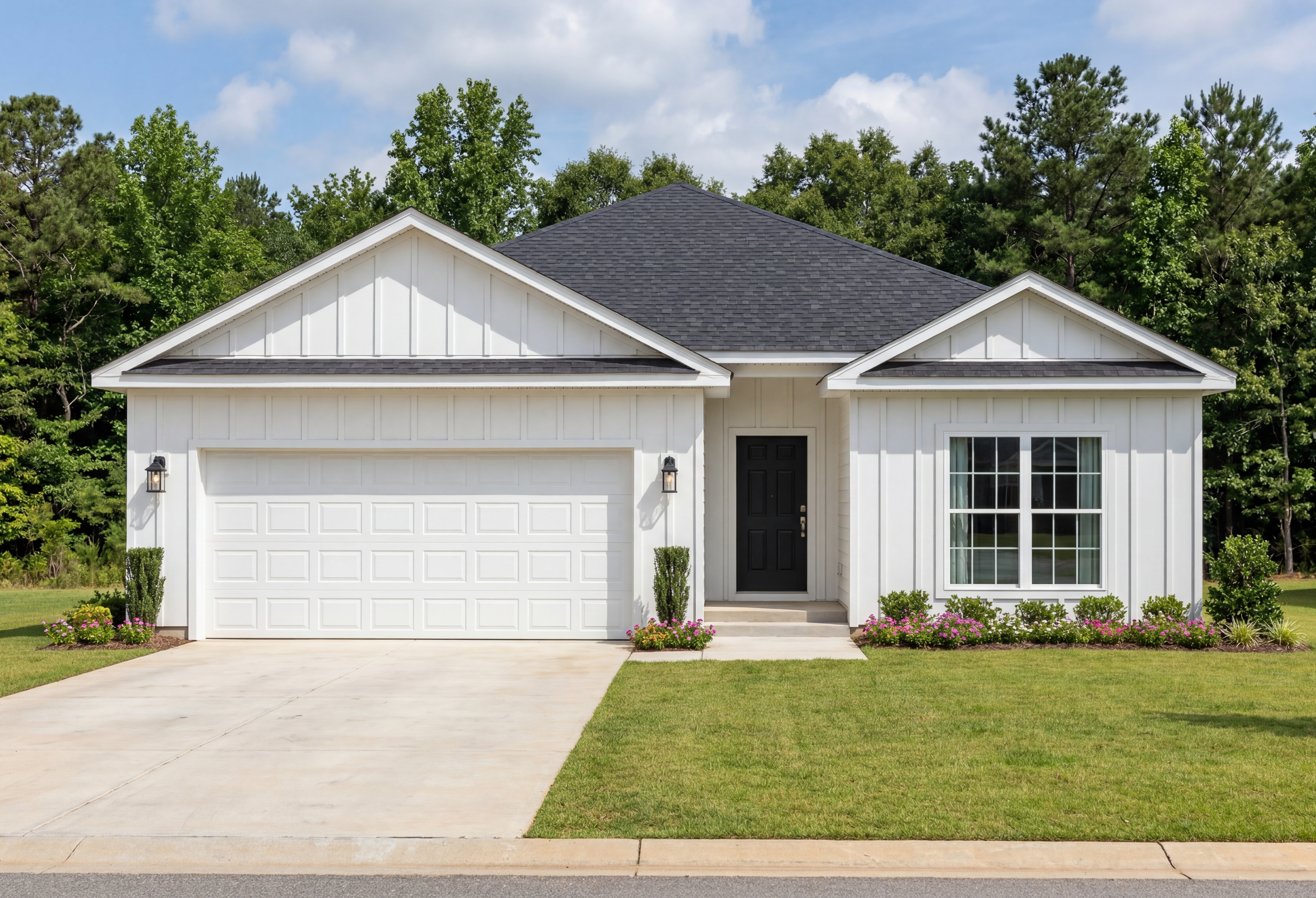 Modern farmhouse exterior of The Everett V in Athens, Alabama featuring white board and batten siding and 2-car garage.