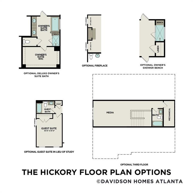 Detailed Hickory A floor plan options: owner's suite, media room, guest suite in 5-bed Davidson Homes, Cedar Farms, Winder, GA