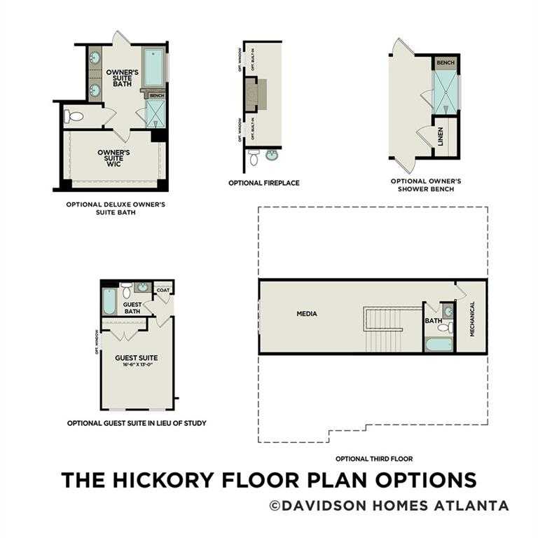 Detailed Hickory A floor plan options with owner's suite, media room, and guest suite in 5-bedroom Davidson Homes, Winder, Georgia