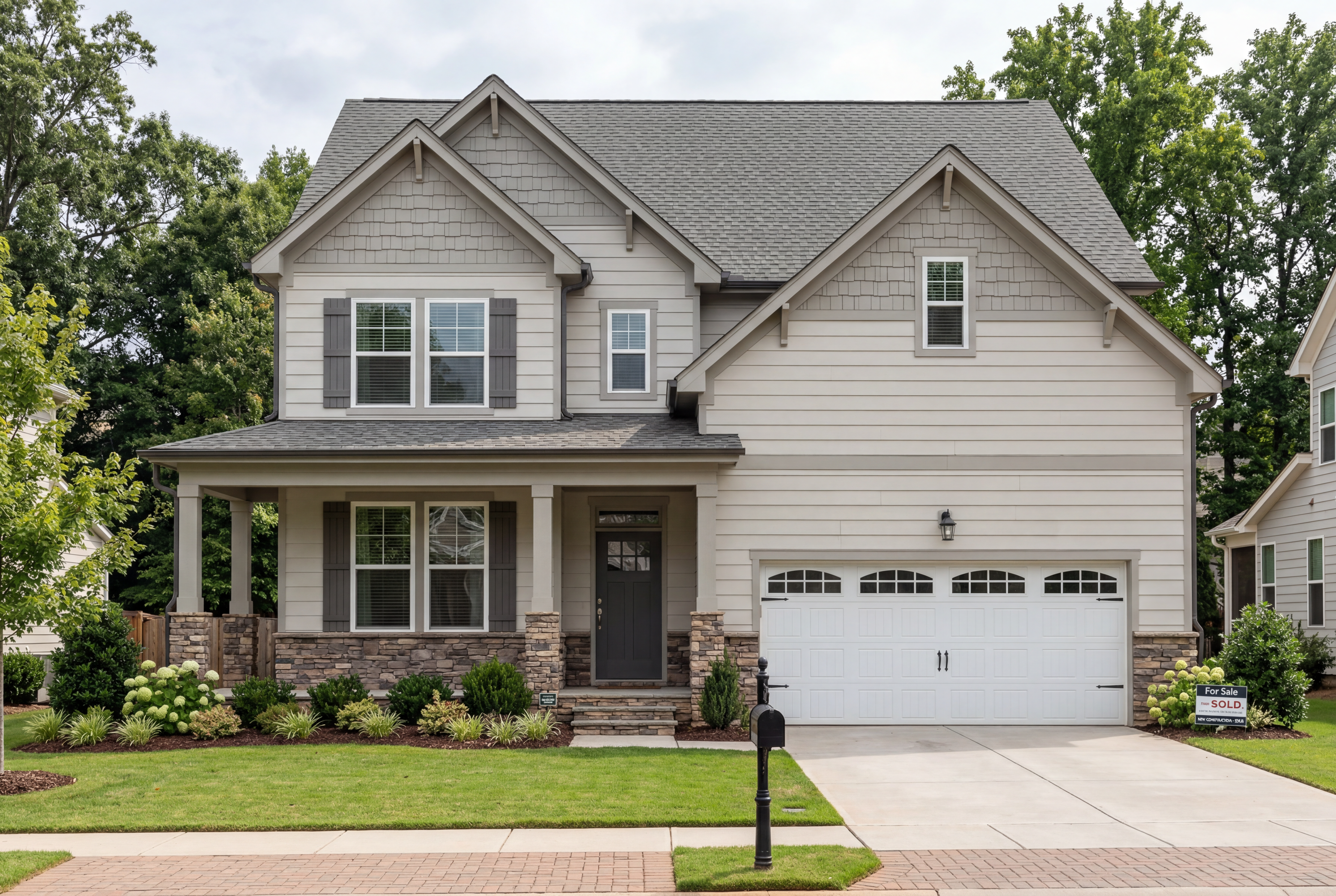 Two-story craftsman elevation of The Hickory D II with beige siding, stone accents, covered porch, and two-car garage in Belmont NC
