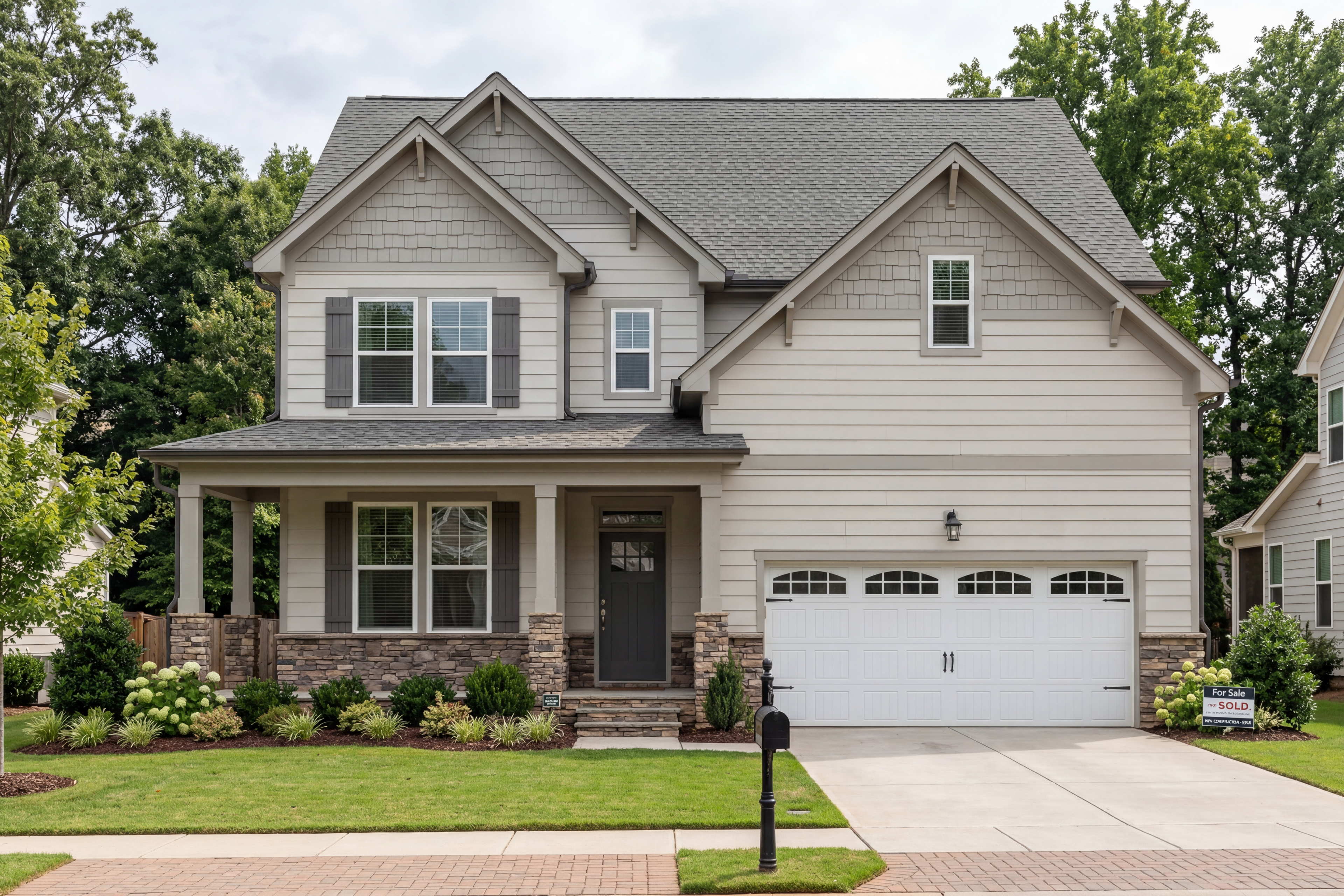 Two-story craftsman elevation of The Hickory D II with beige siding, stone accents, covered porch, and two-car garage in Belmont NC