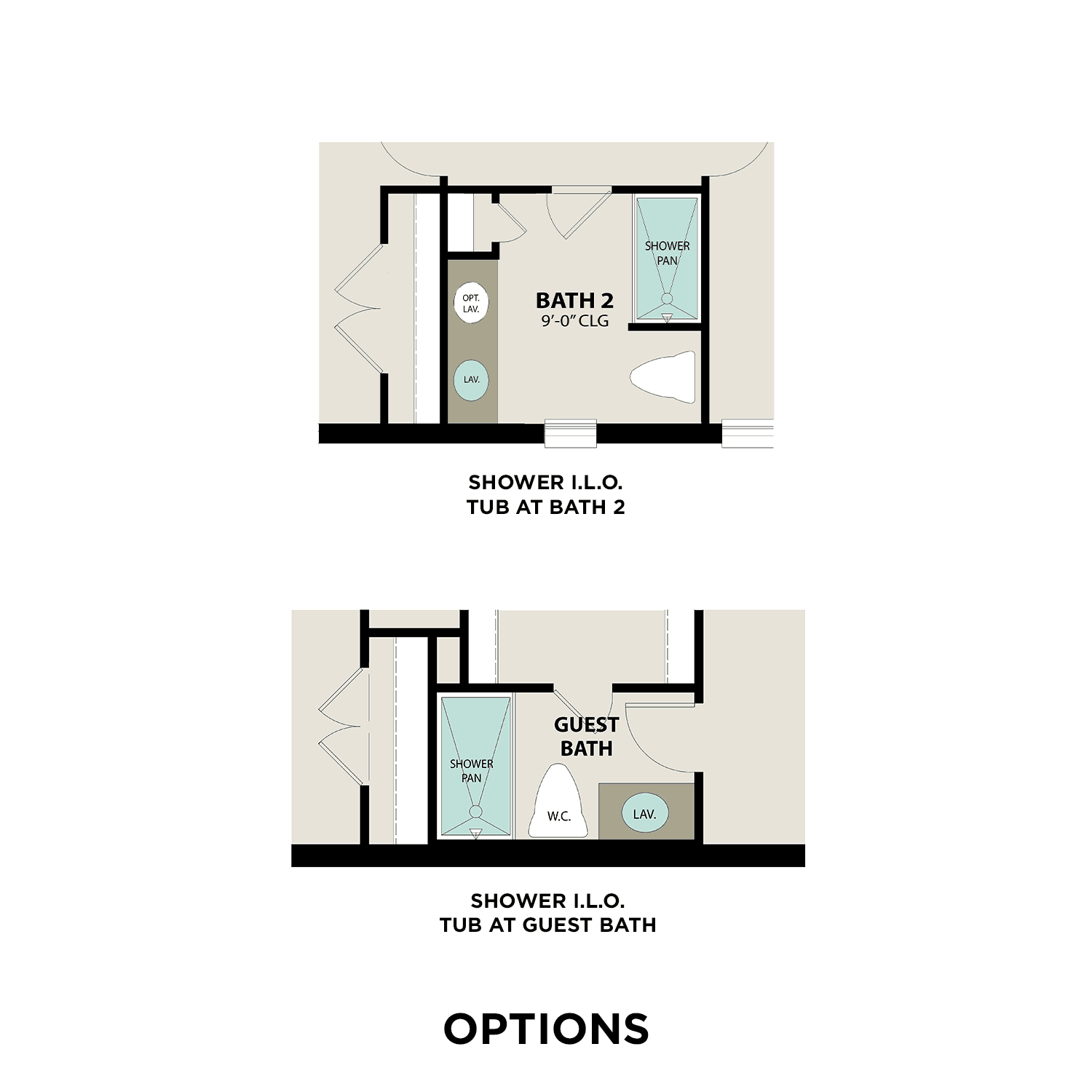 Bathroom floor plan options for The Elizabeth B showcasing shower and tub layouts in Bath 2 and guest bath, Davidson Homes design
