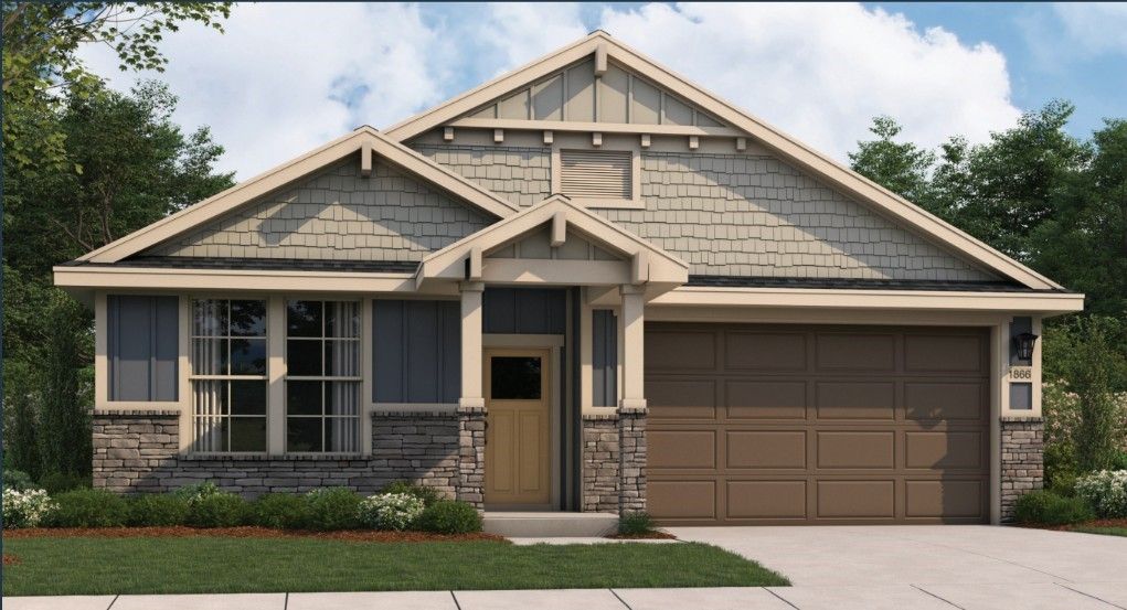 Modern 1-story 4-bedroom home with gabled roof, 2-car garage, brick accents, and landscaped yard in Silver Oak, Cusseta, Alabama by Evermore Homes The Aurora B