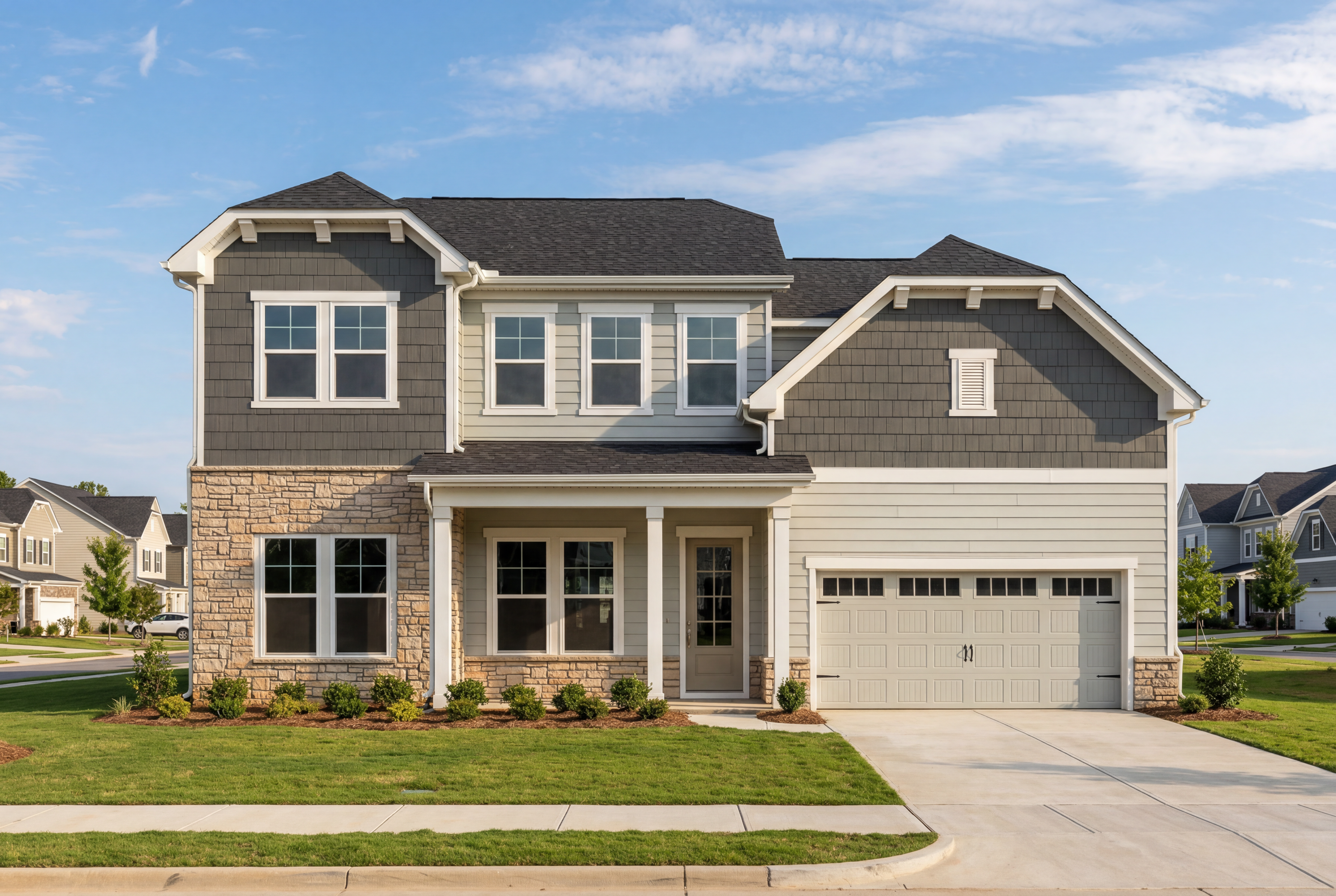 Two-story The Barrington C home elevation with stone accents, gray siding, front porch, and 2-car garage in Apex NC