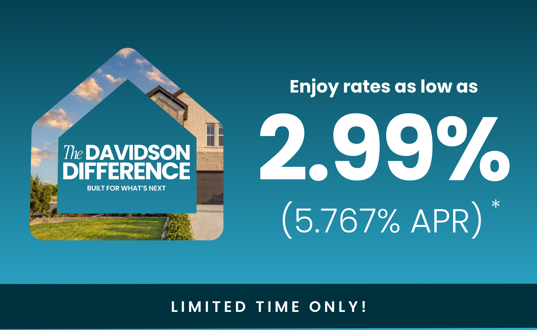 Davidson Signature Series new homes: gray shingled exterior with porch, white modern facade, landscaped yard on blue backdrop with slogan