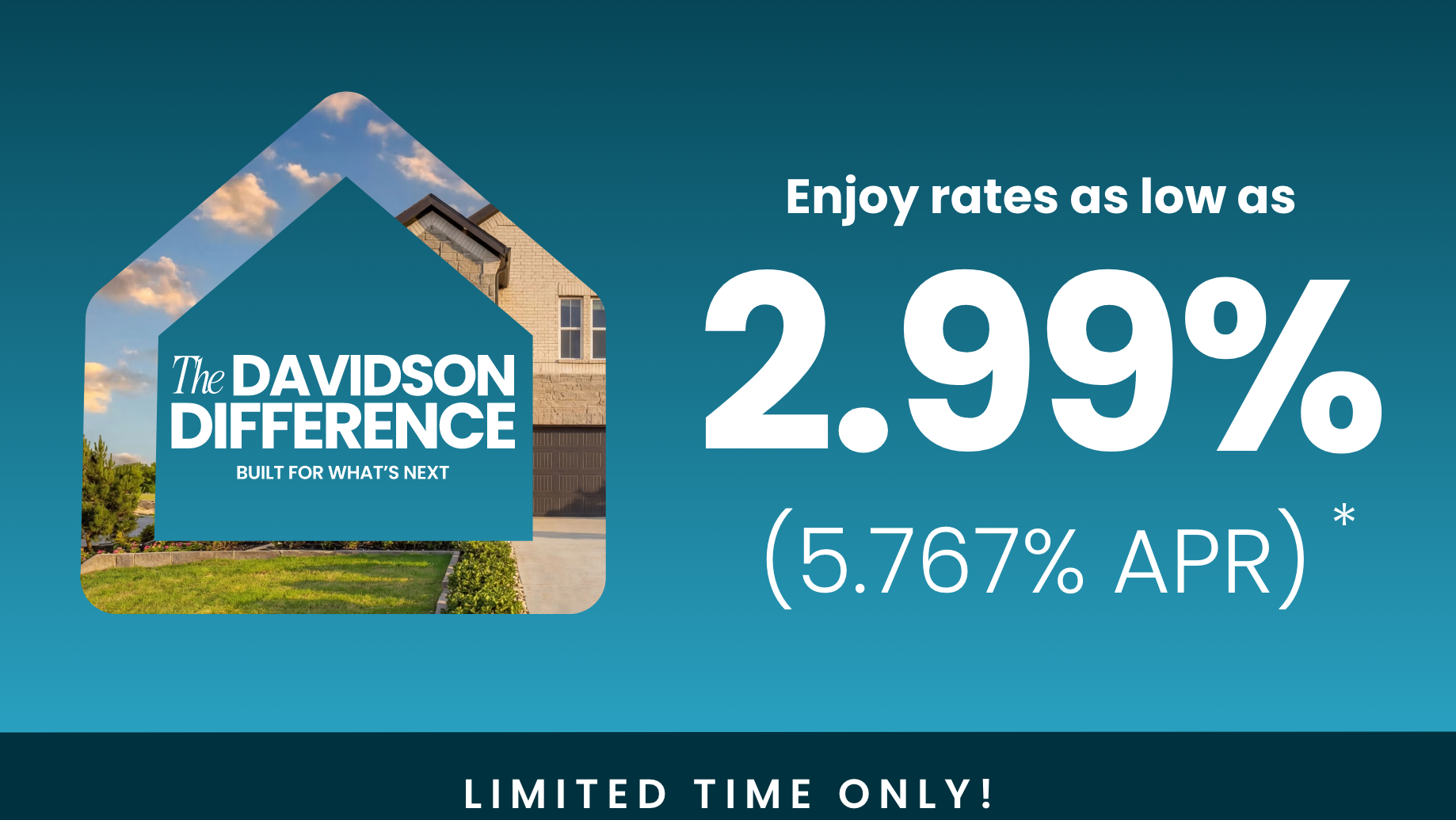 Davidson Signature Series new homes: gray shingled exterior with porch, white modern facade, landscaped yard on blue backdrop with slogan