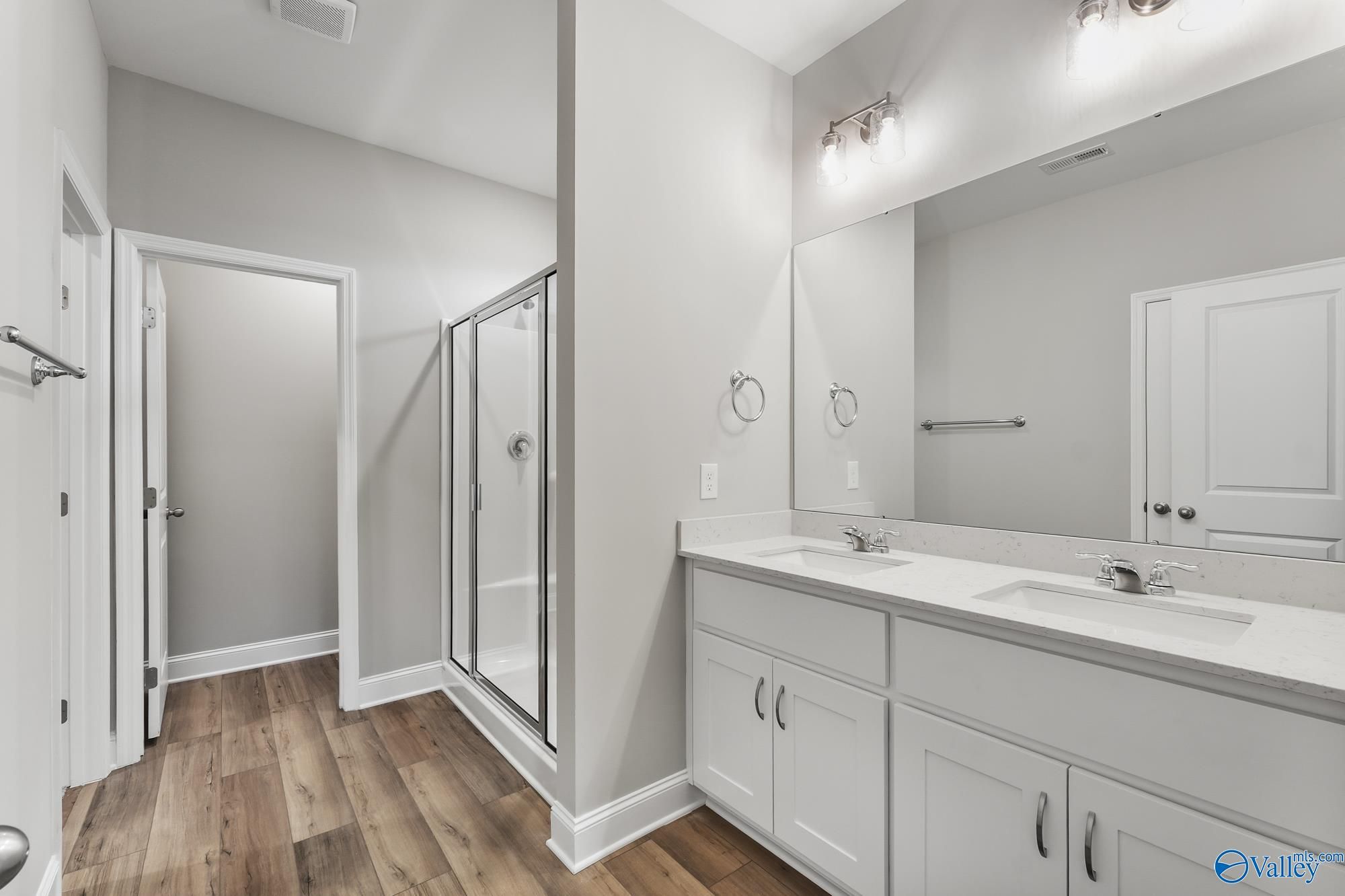 Modern double vanity bathroom with frameless glass shower in Davidson Homes The Daphne D, Athens Alabama