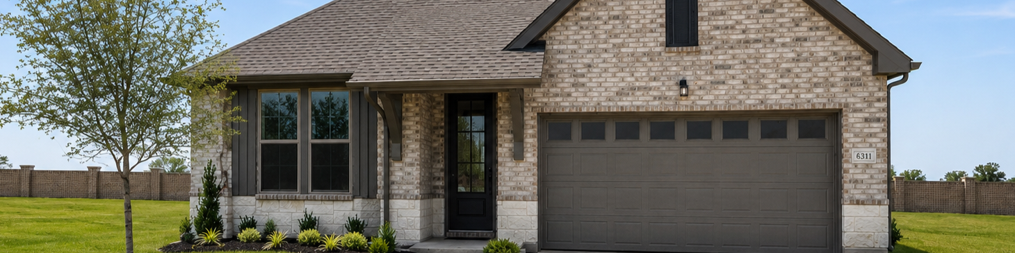 Single-story brick home exterior at Mercer Meadows in Royse City, Texas, built by Davidson Homes with a two-car garage.