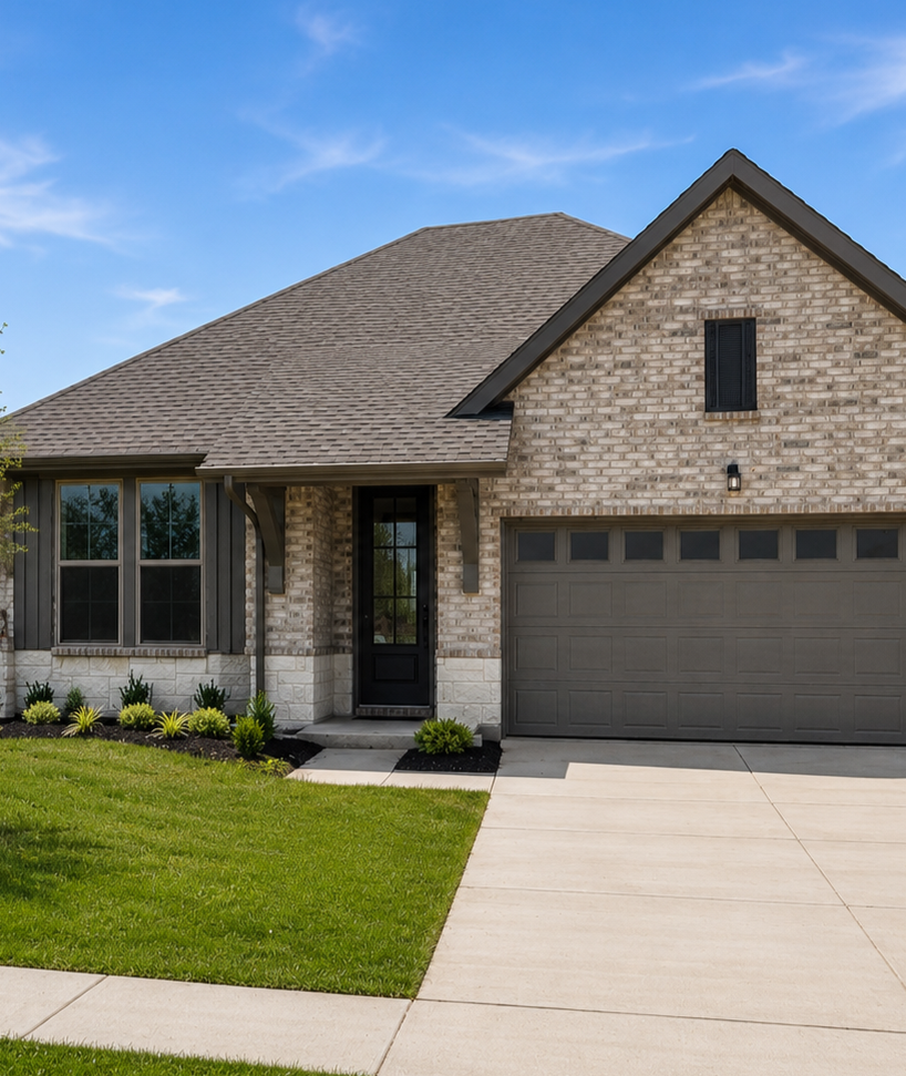 Single-story brick home exterior at Mercer Meadows in Royse City, Texas, built by Davidson Homes with a two-car garage.