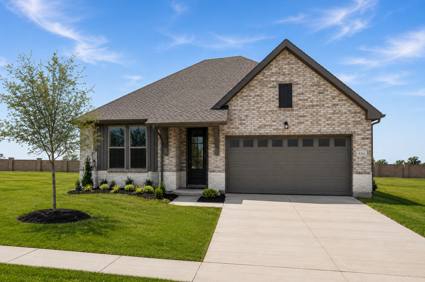 Single-story brick home exterior at Mercer Meadows in Royse City, Texas, built by Davidson Homes with a two-car garage.