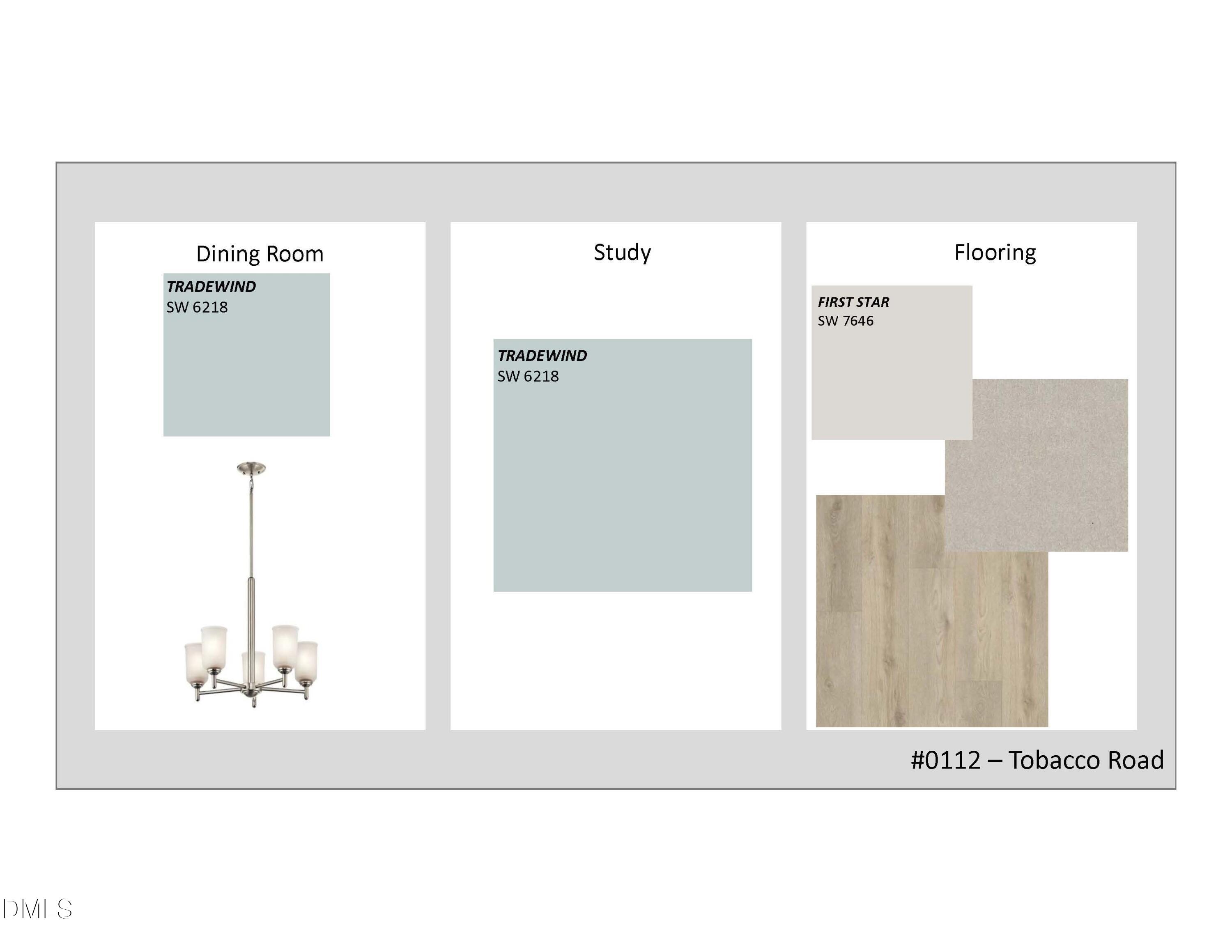 First floor layout of Davidson Homes The Crawford D: dining room with chandelier (SW 6428), study, oak floors (SW 7648) in Tobacco Road, Angier NC