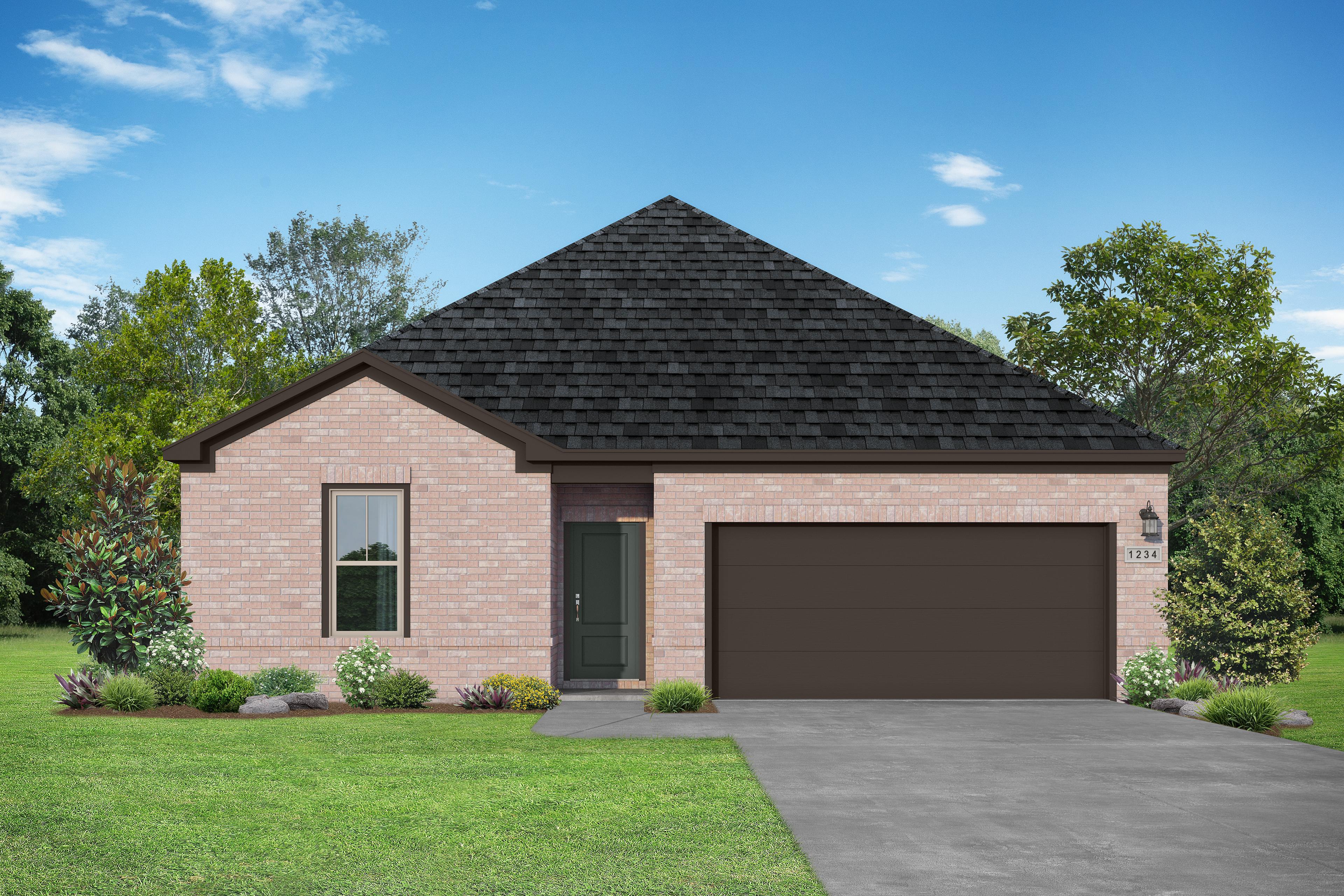 Modern brick single-story home, The Redbud C by Davidson Homes, with dark roof, two-car garage, and landscaped yard in Josephine, Texas