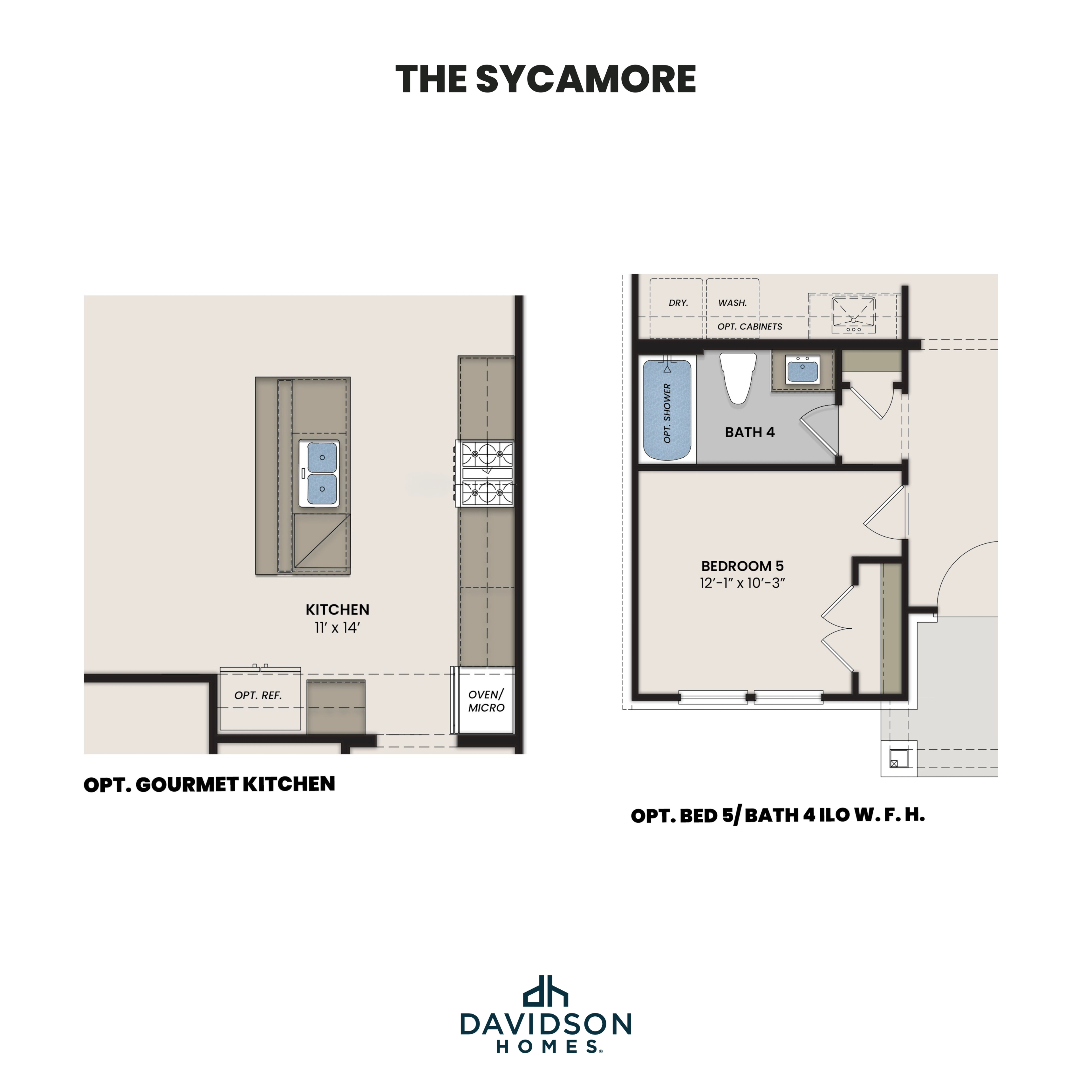 The Sycamore optional gourmet kitchen floor plan with 17x14 island, appliances, and adjacent bedroom 5 bath 4 layout by Davidson Homes