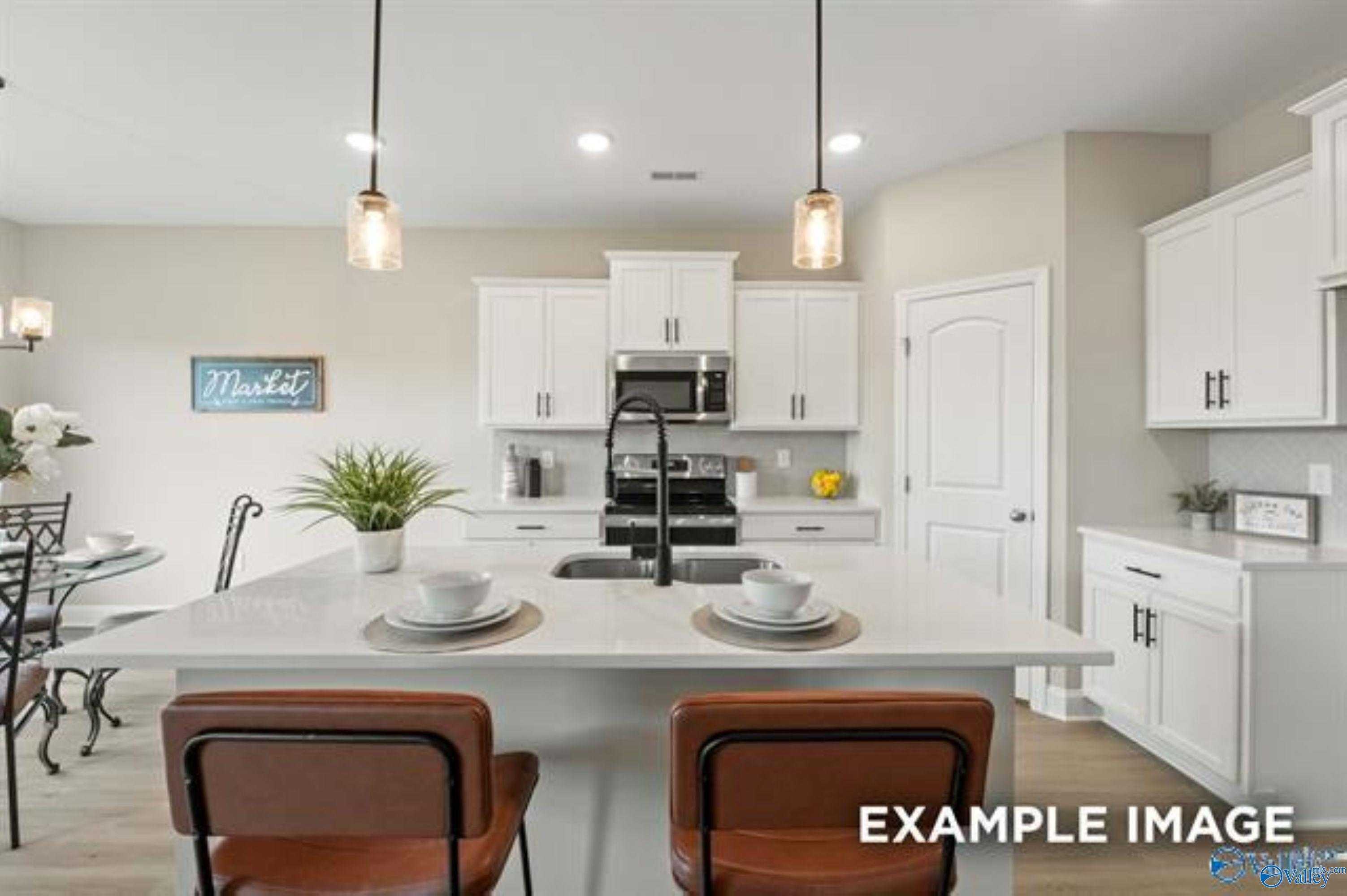 Modern white kitchen with quartz island, farmhouse sink, and pendant lights in Davidson Homes The Asheville, Ramsay Cove, Alabama