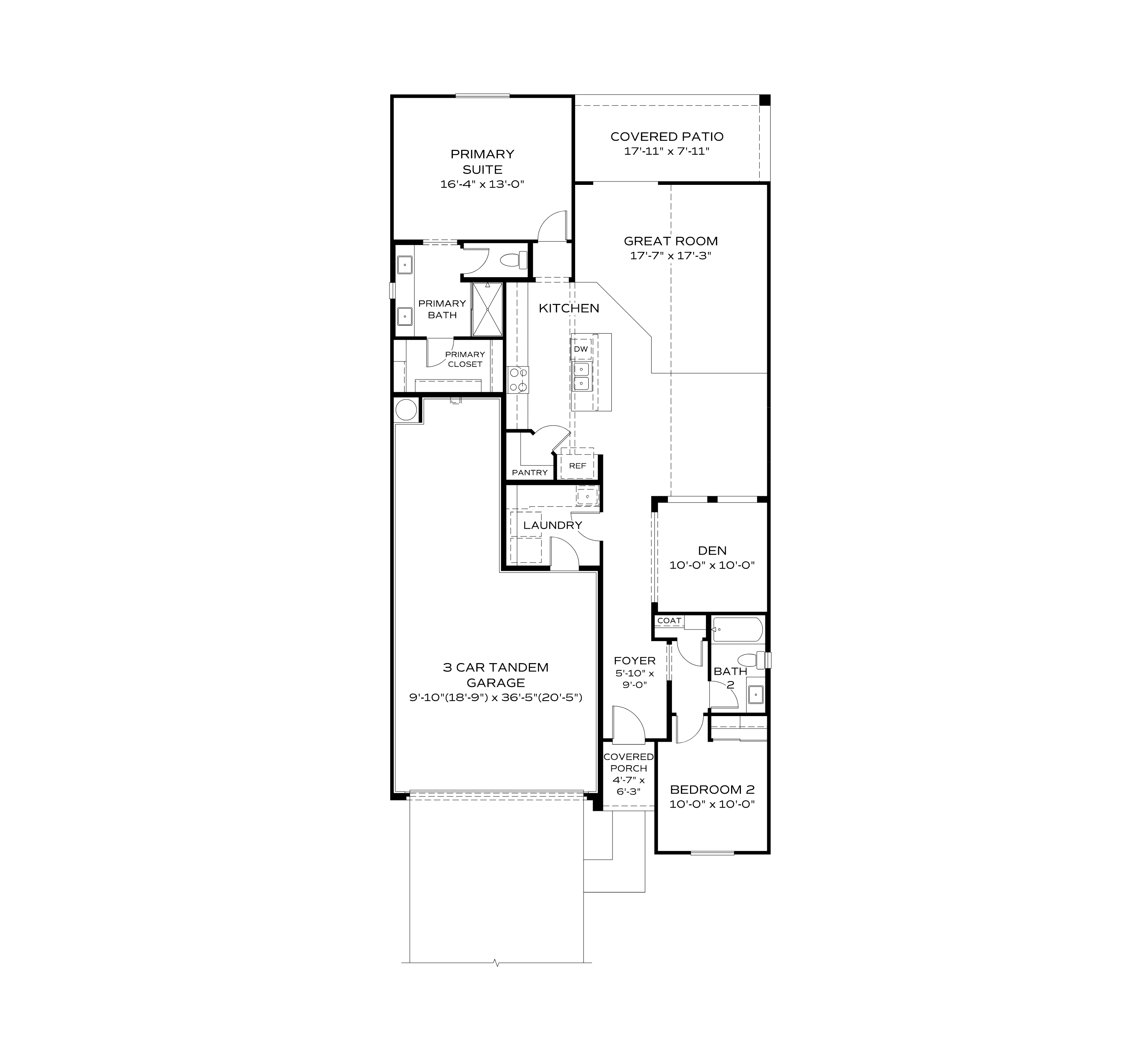 The Frontier A floor plan by Davidson Homes: open great room, kitchen, primary suite, den, 3-car tandem garage