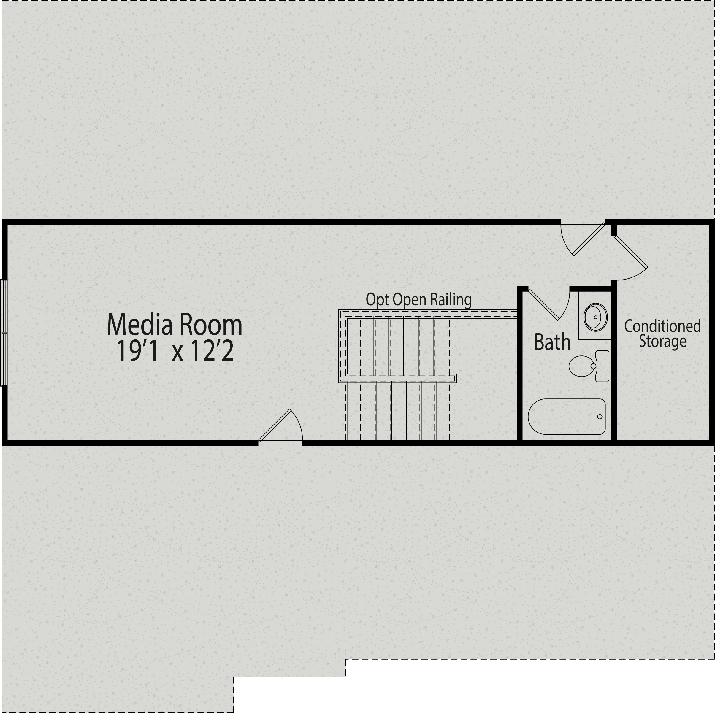 Second floor layout of The Hickory II showcasing 19x12 media room, optional open railing, bath, and conditioned storage