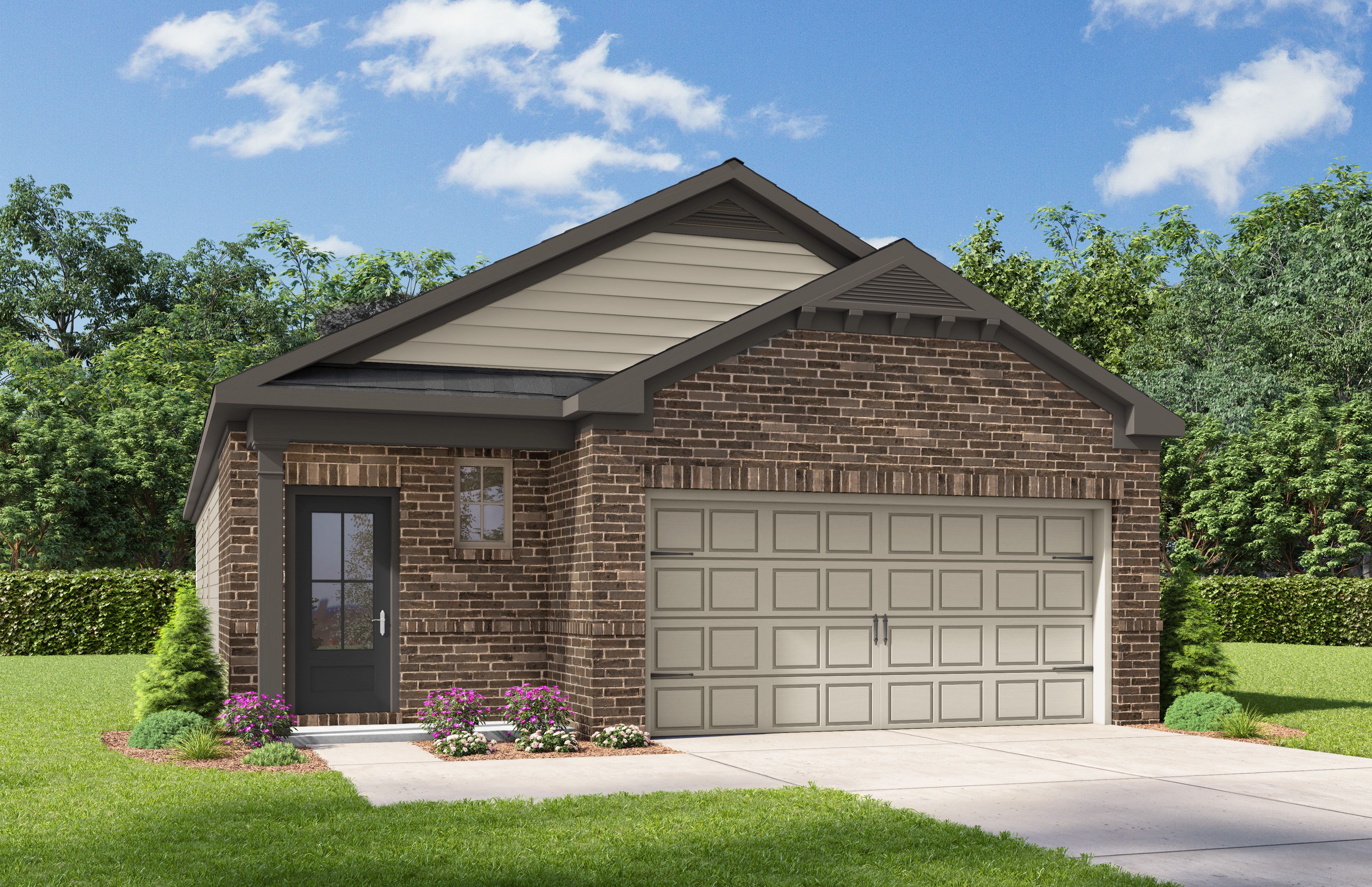 Front elevation of The Frio K single-story home with brick and siding exterior, 2-car garage, and landscaped yard in Heartland Texas