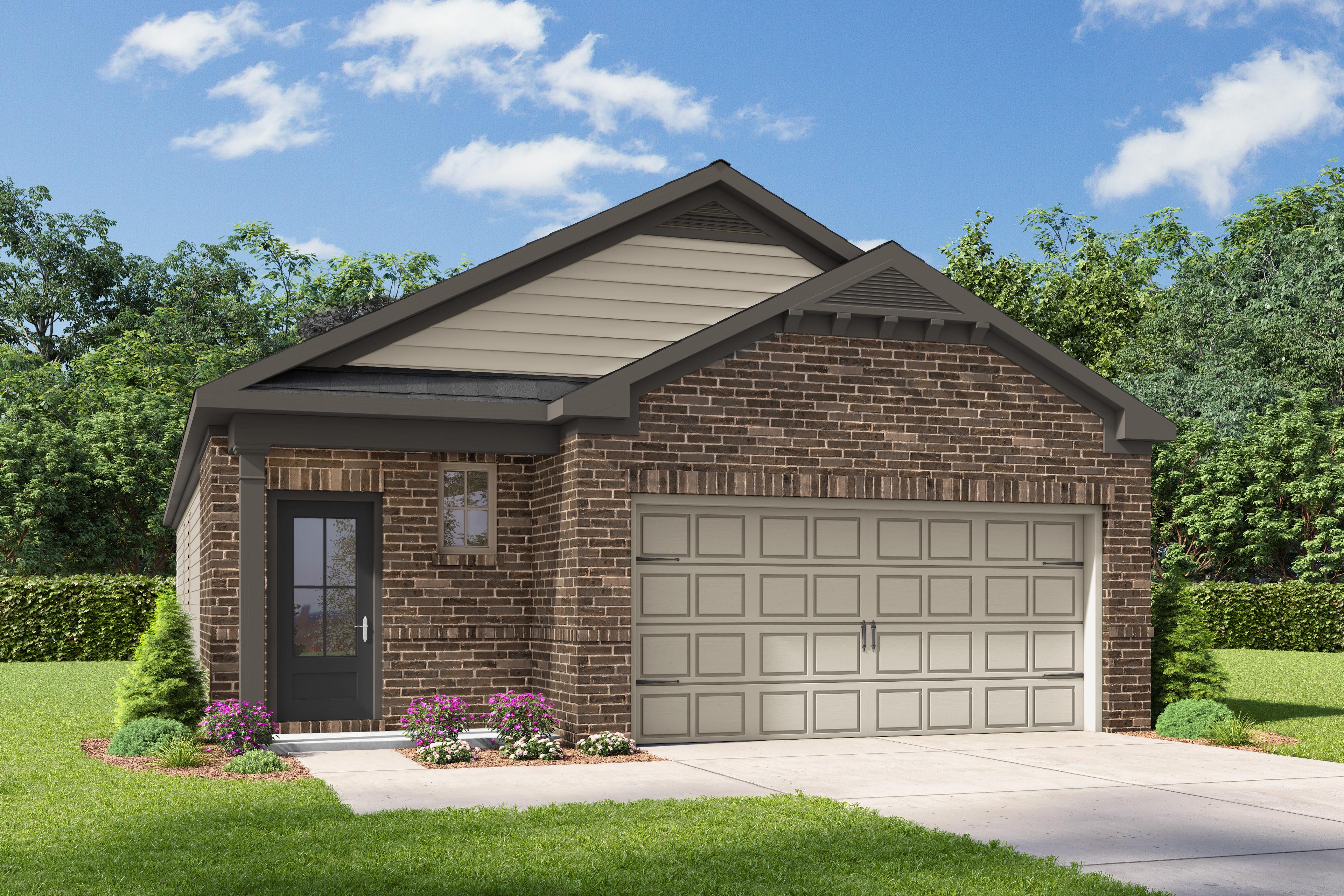 Front elevation of The Frio K single-story home with brick and siding exterior, 2-car garage, and landscaped yard in Heartland Texas