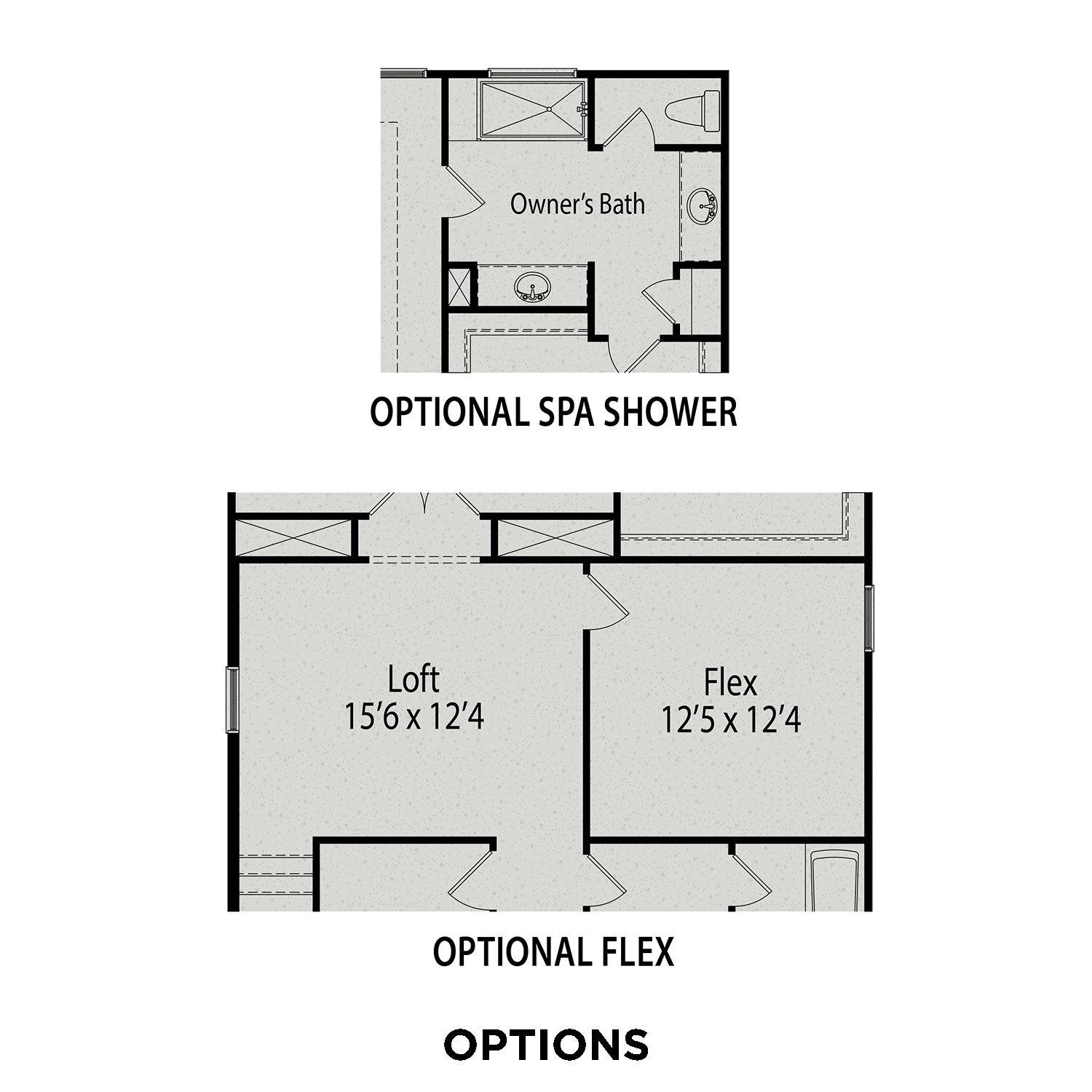 Second floor plan of The Preston A featuring owner's suite bath, optional spa shower, loft, and flex space