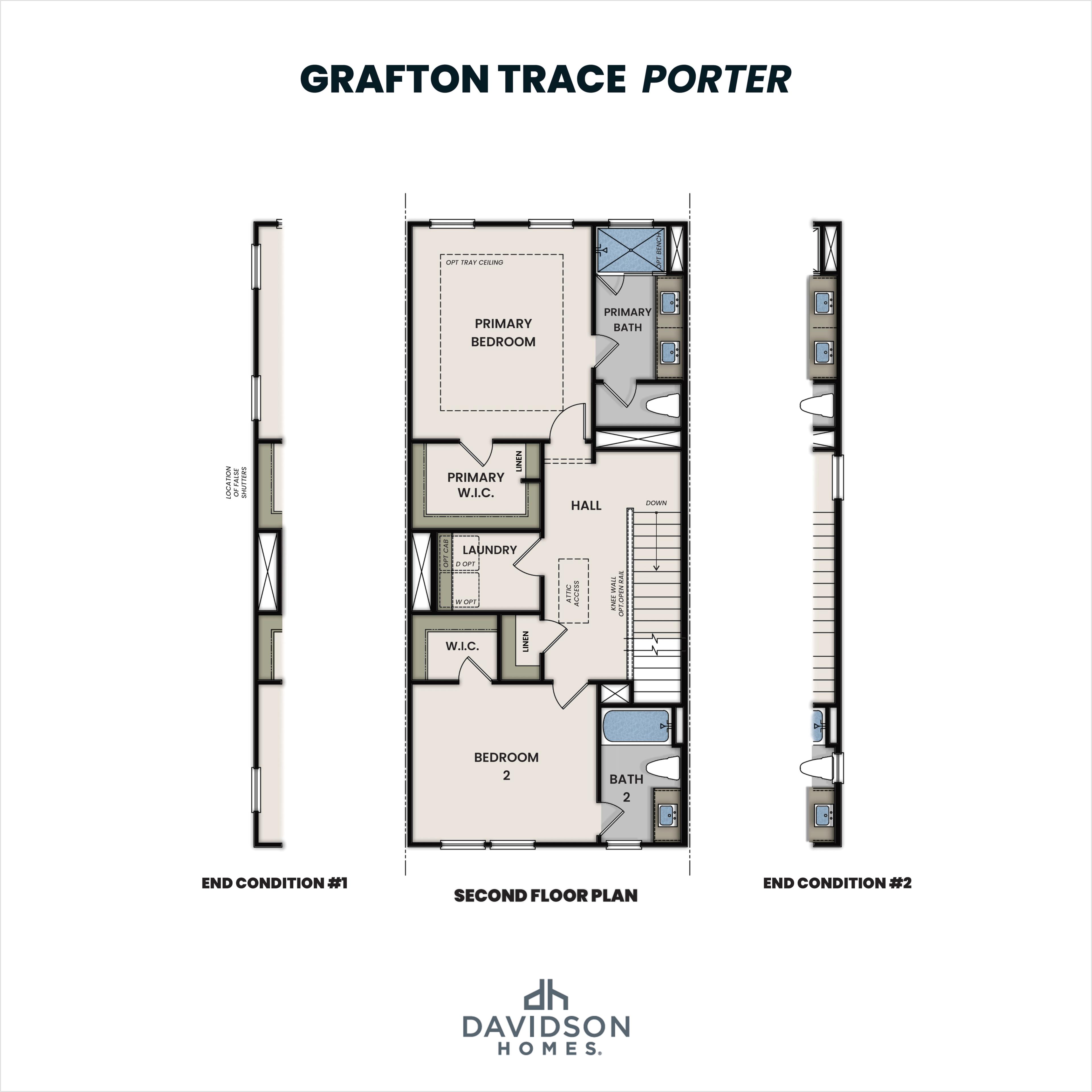 Second floor plan of The Porter 3-bedroom multi-family home with primary suite, baths, and bedrooms by Davidson Homes