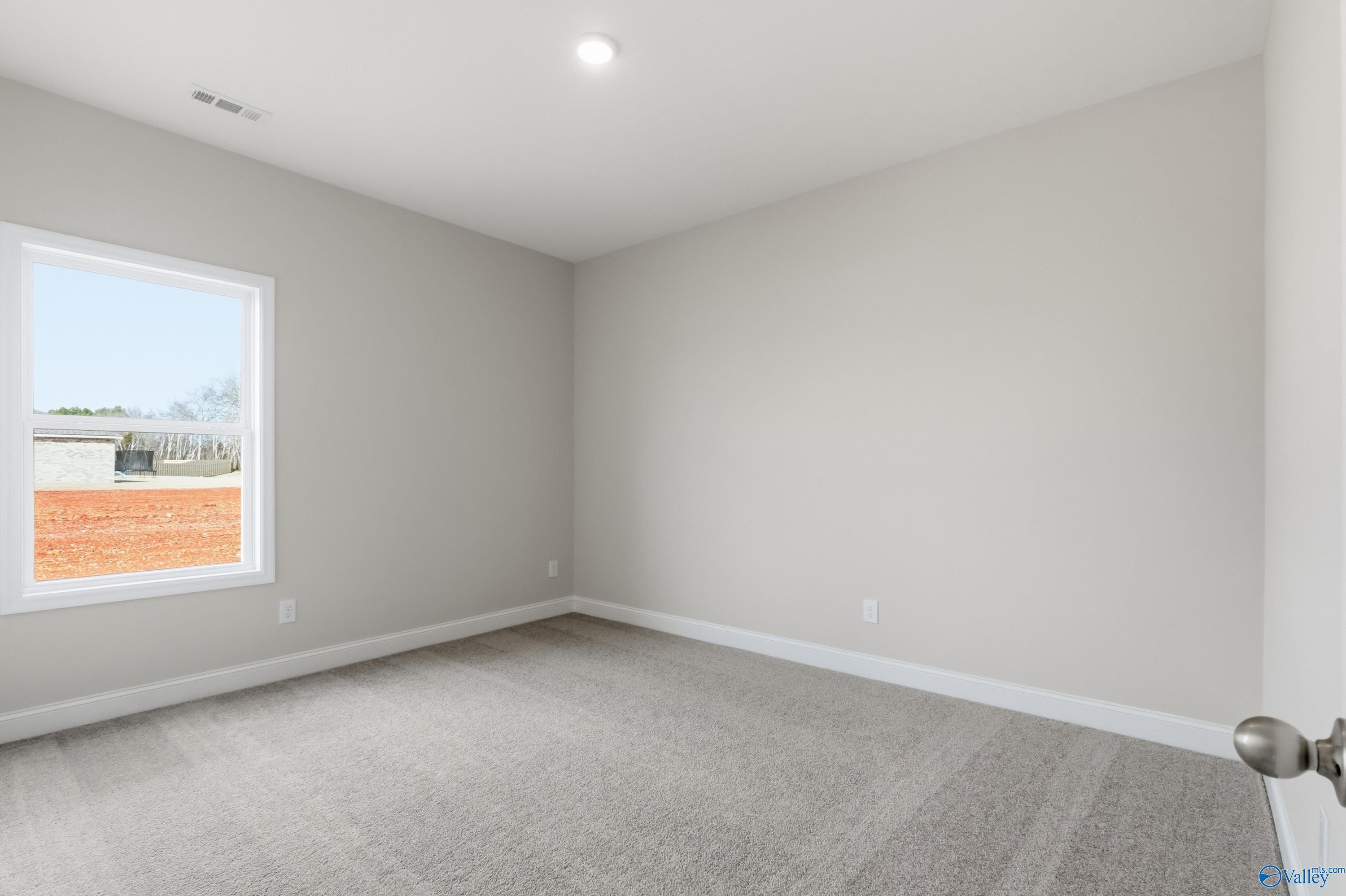 Bright empty bedroom with light gray walls, plush carpet, and large window in 4-bedroom Davidson Homes The Daphne C, Toney, Alabama