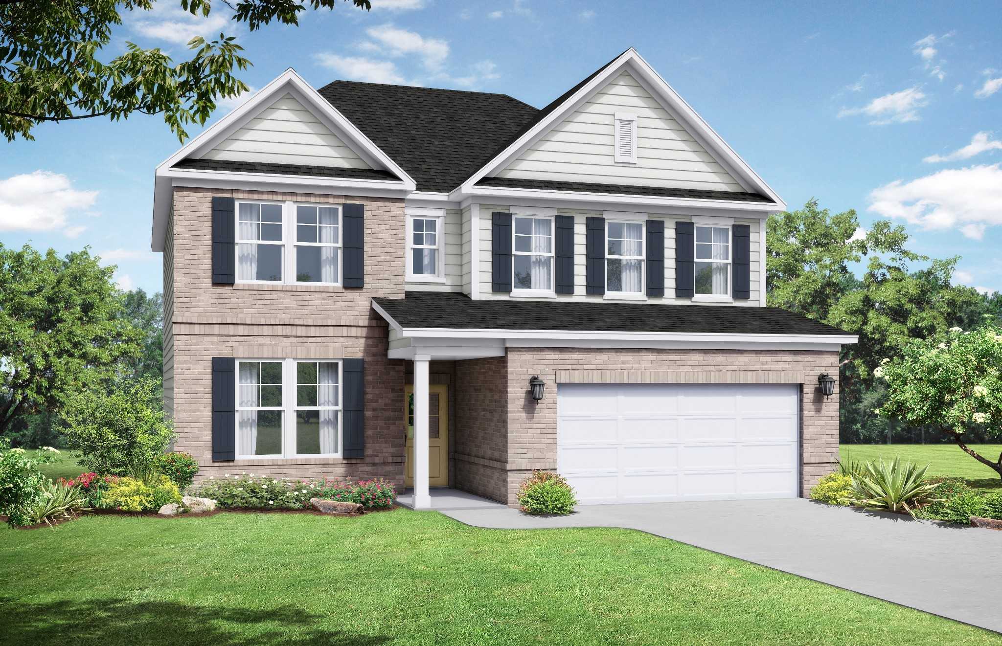 Two-story brick home with 2-car garage, front porch, and landscaped yard in Calista Farms, White House, Tennessee - Davidson Homes The Willow C