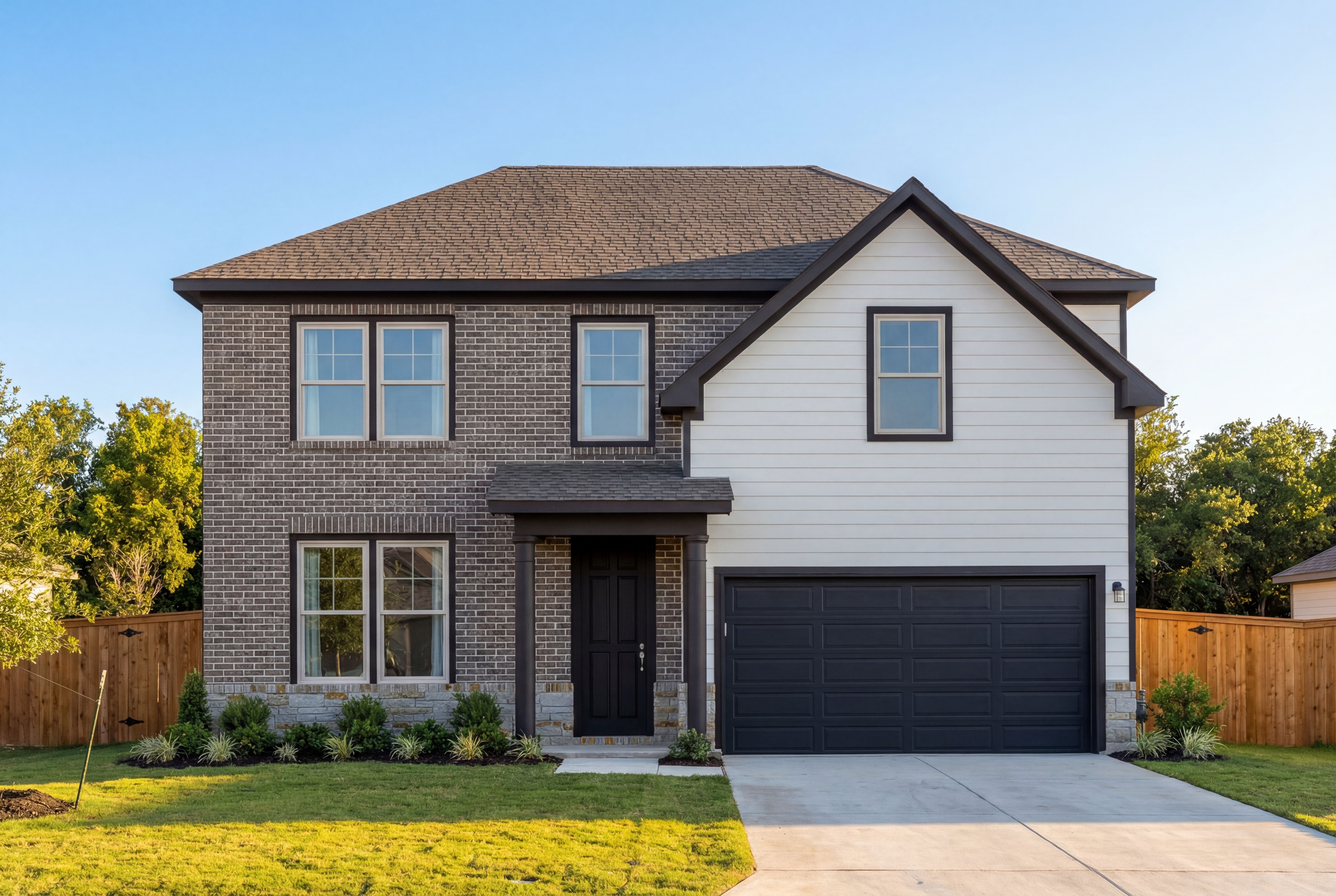 Two-story The Murray G elevation by Davidson Homes in San Antonio, brick and white siding facade, 2-car garage, landscaped yard