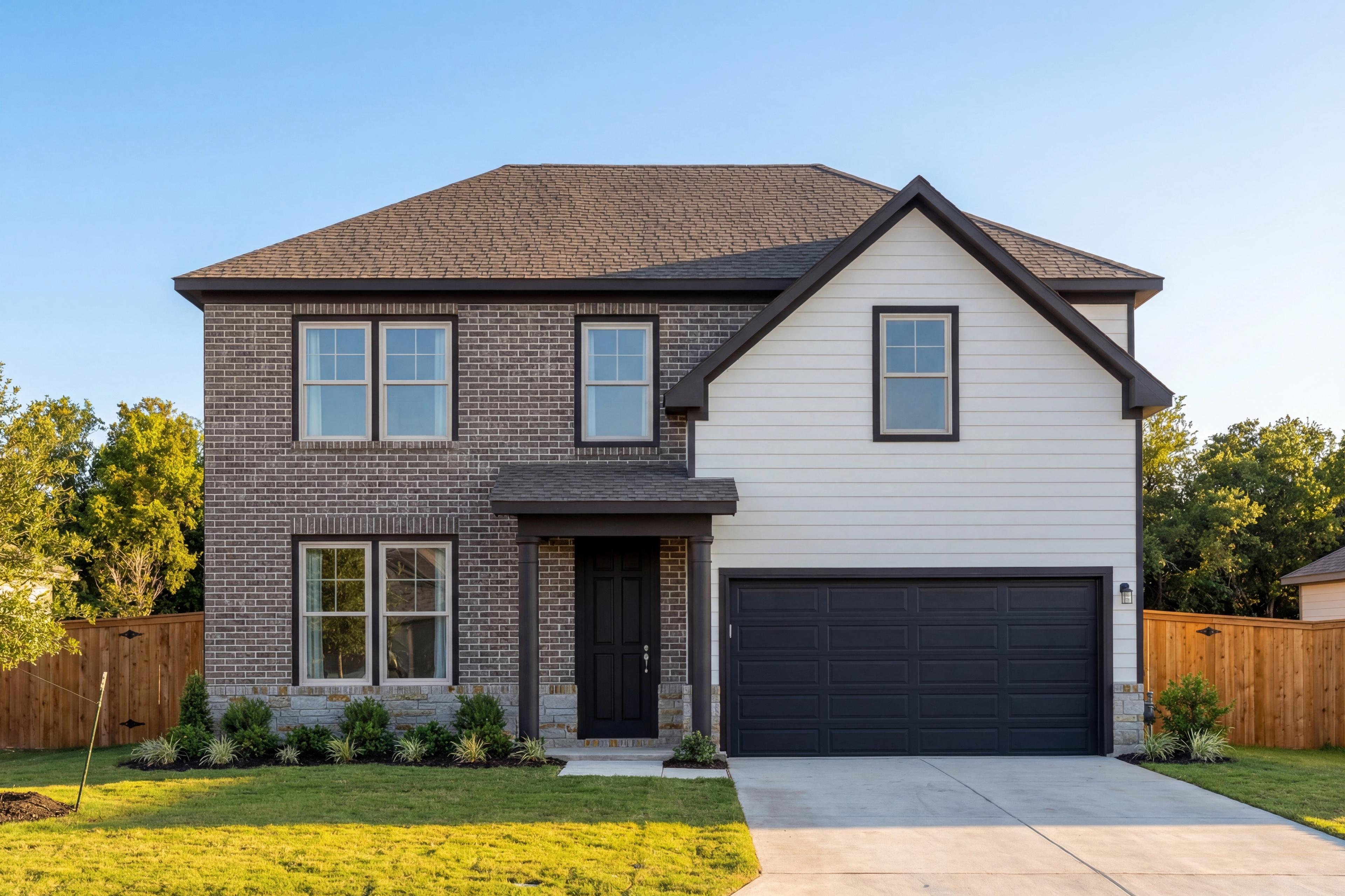 Two-story The Murray G elevation by Davidson Homes in San Antonio, brick and white siding facade, 2-car garage, landscaped yard
