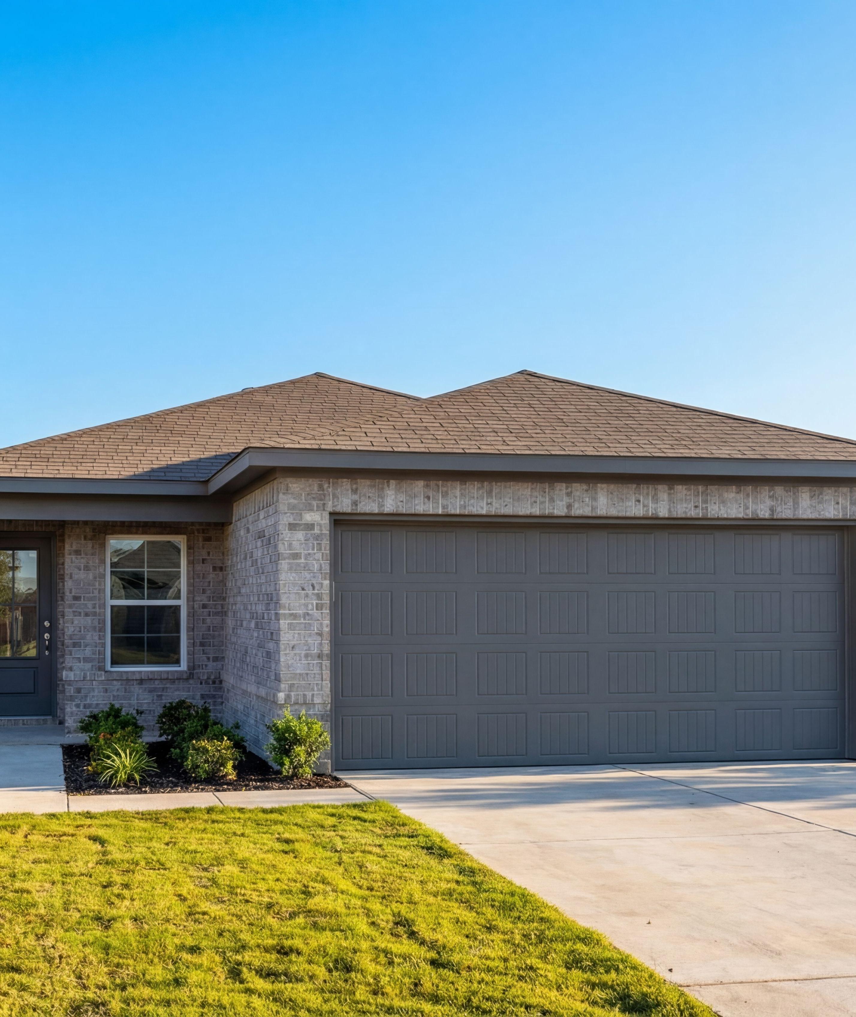Single-story brick home exterior at Mesa Vista in San Antonio, Texas, built by Davidson Homes with a two-car garage.