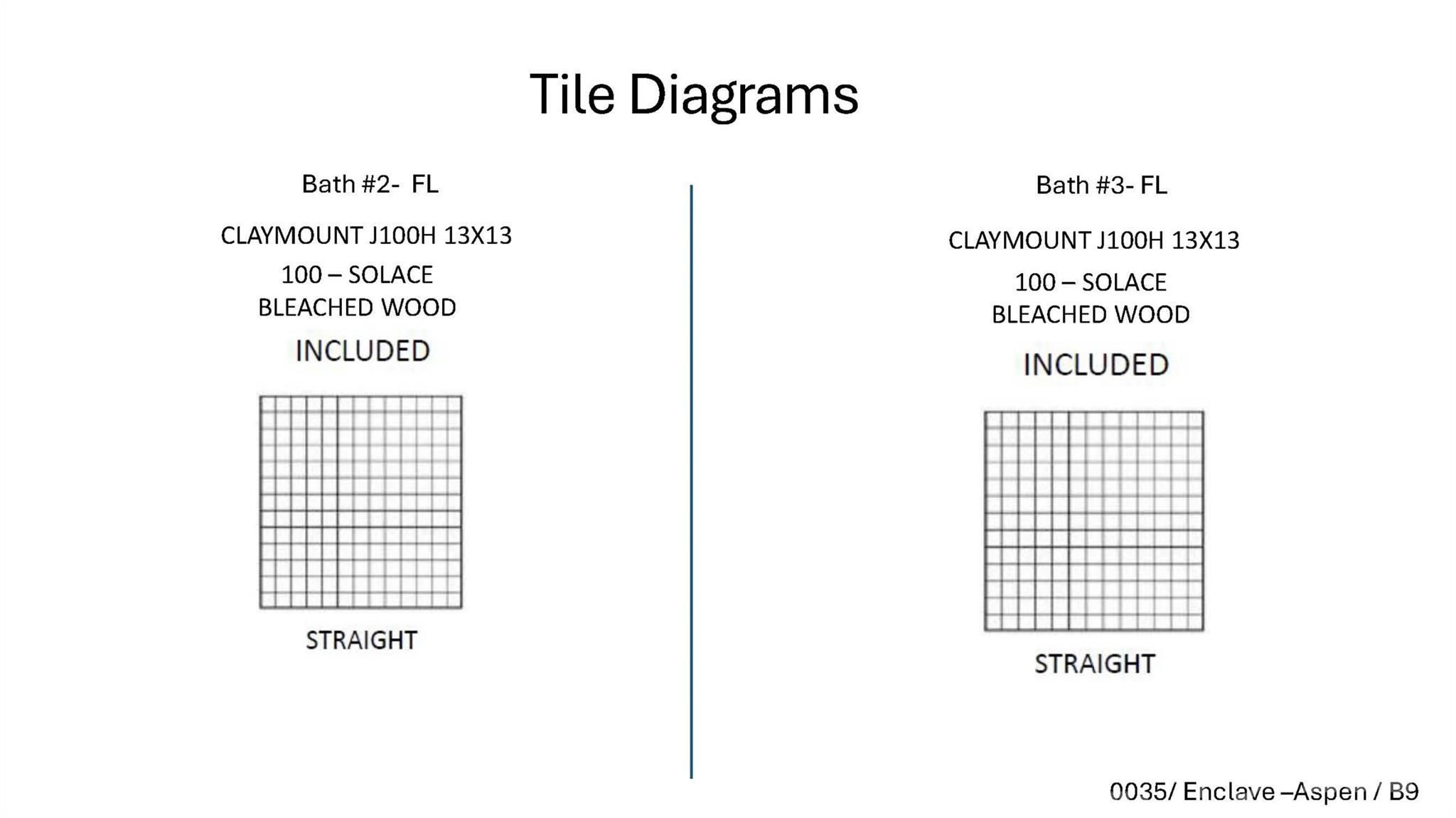Tile diagrams showing included Claymount J100H 13x13 Solace Bleached Wood flooring for baths in The Aspen B, Enclave at Belmont