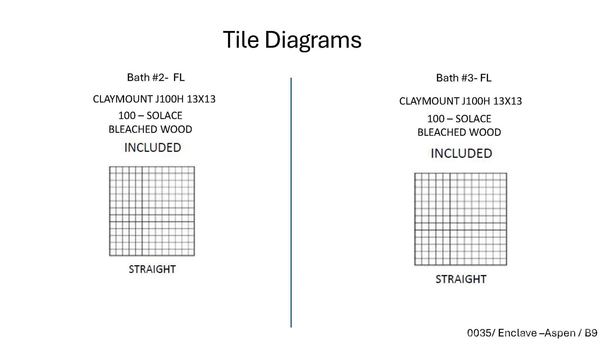 Tile diagrams showing included Claymount J100H 13x13 Solace Bleached Wood flooring for baths in The Aspen B, Enclave at Belmont