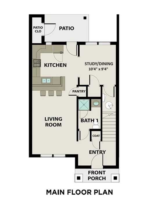 Main floor plan of The Cumberland B 2-bedroom home by Davidson Homes in Gallatin, Tennessee: open living, kitchen, study, patio