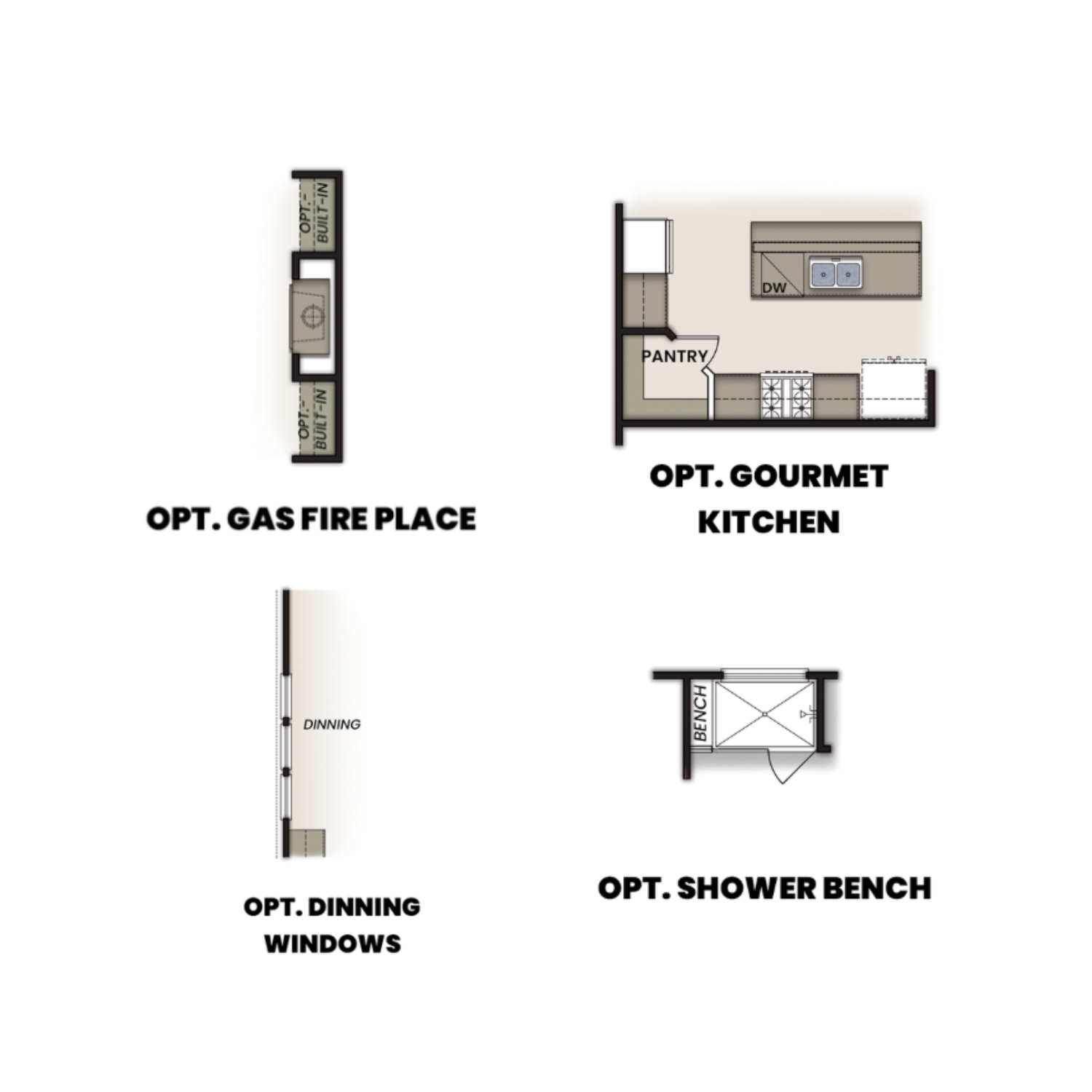 The Prairie floor plan featuring optional gourmet kitchen, gas fireplace, dining windows, and shower bench in 3-bedroom home