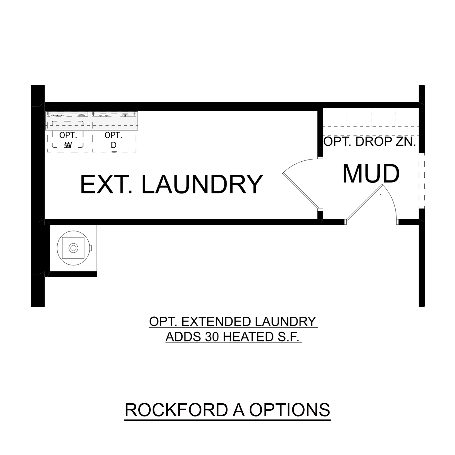 The Rockford floor plan detail showing extended laundry, mud room, optional drop zone, adding 30 heated sq ft