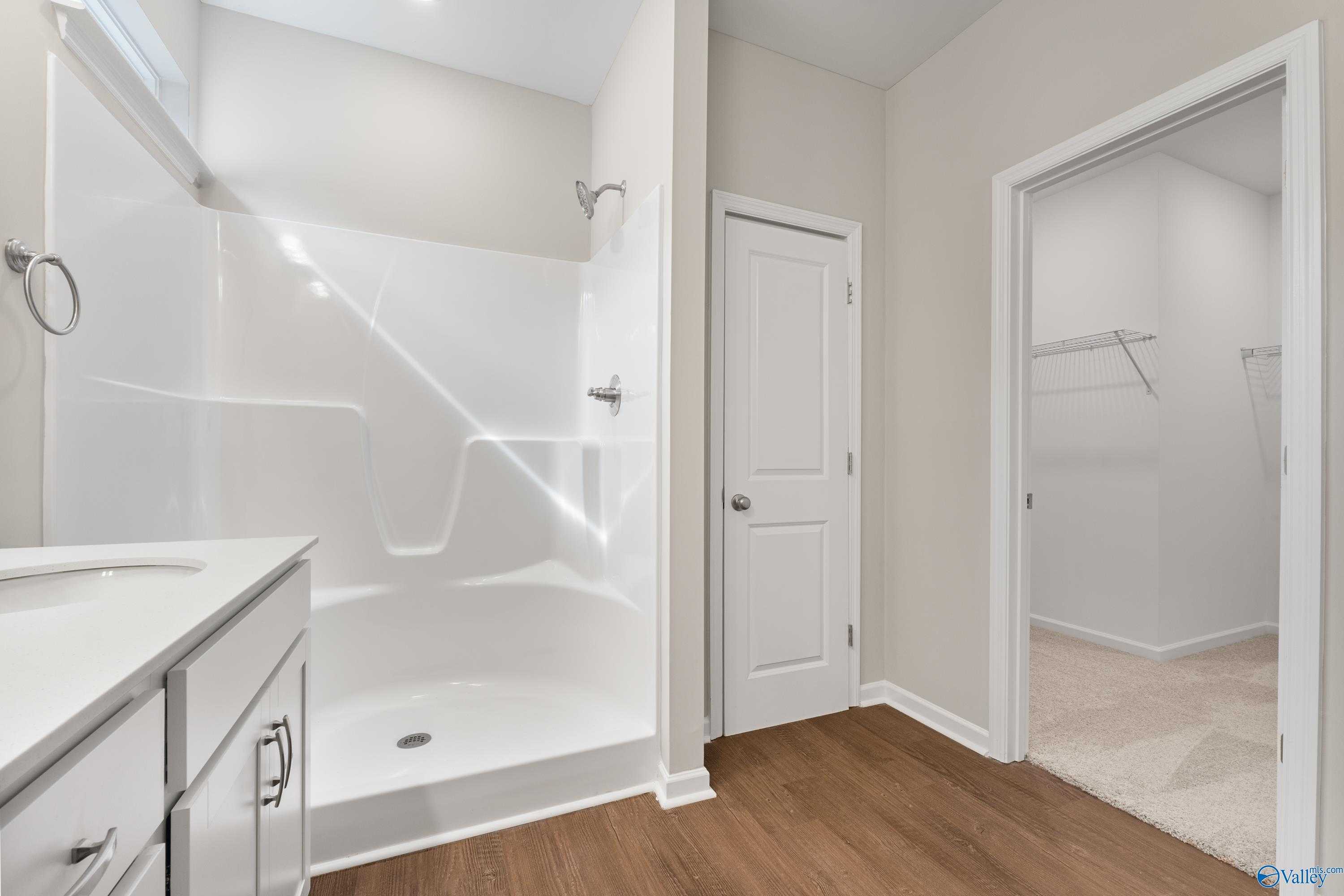Modern master bathroom with white glass shower, vanity, and walk-in closet in Davidson Homes The Phoenix, Fayetteville, TN