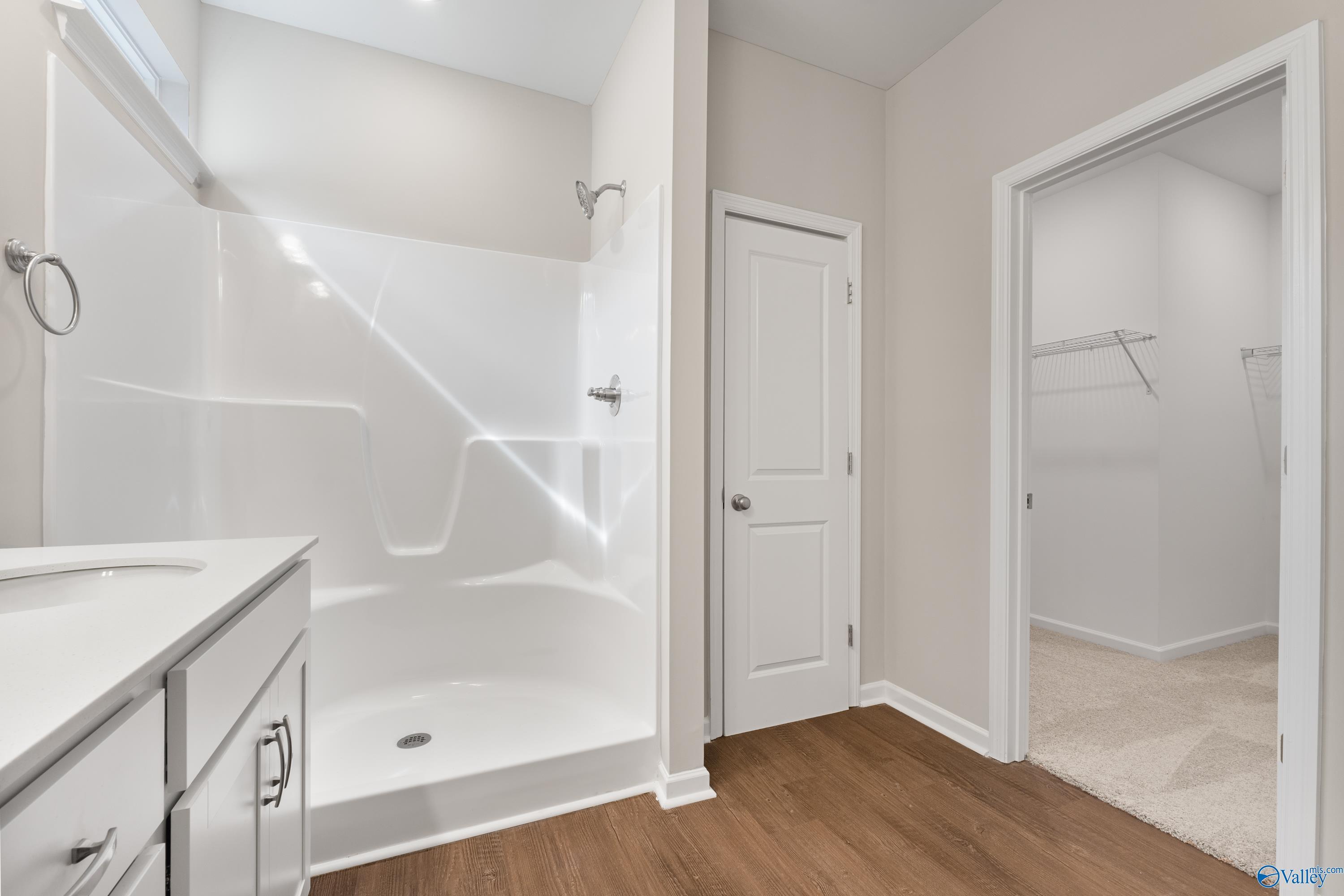Bright master bathroom with frameless glass shower, white vanity, and walk-in closet in Davidson Homes The Phoenix, Fayetteville TN
