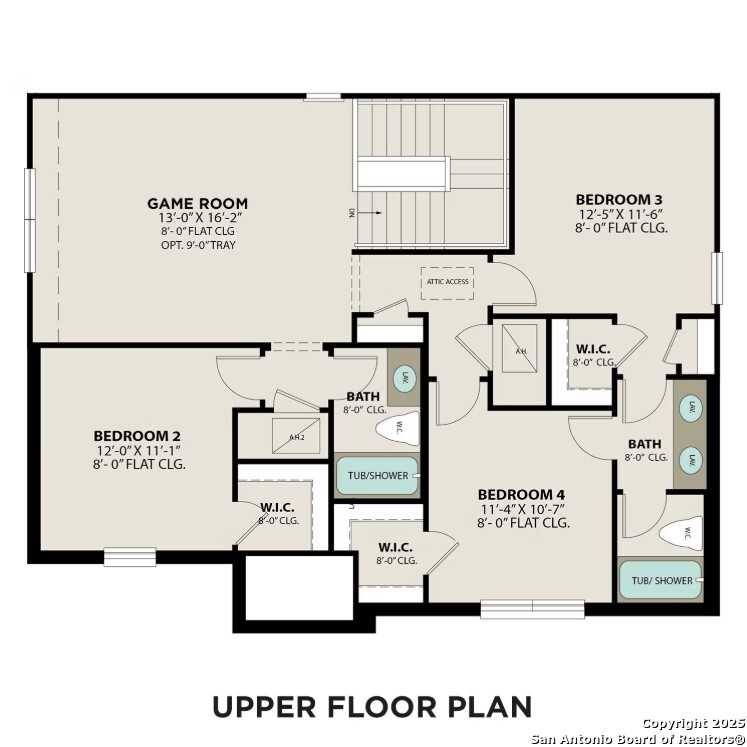 Upper floor plan of The Sequoia A with 3 bedrooms, baths, walk-in closets, and optional game room in Davidson Homes, Royal Crest, San Antonio