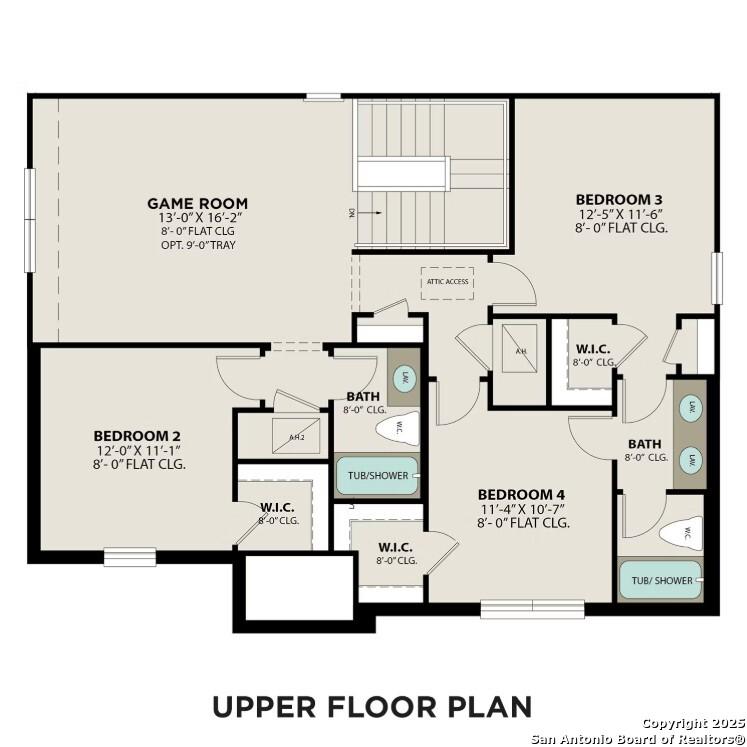 Upper floor plan of The Sequoia A with 3 bedrooms, baths, walk-in closets, and optional game room in Davidson Homes, Royal Crest, San Antonio