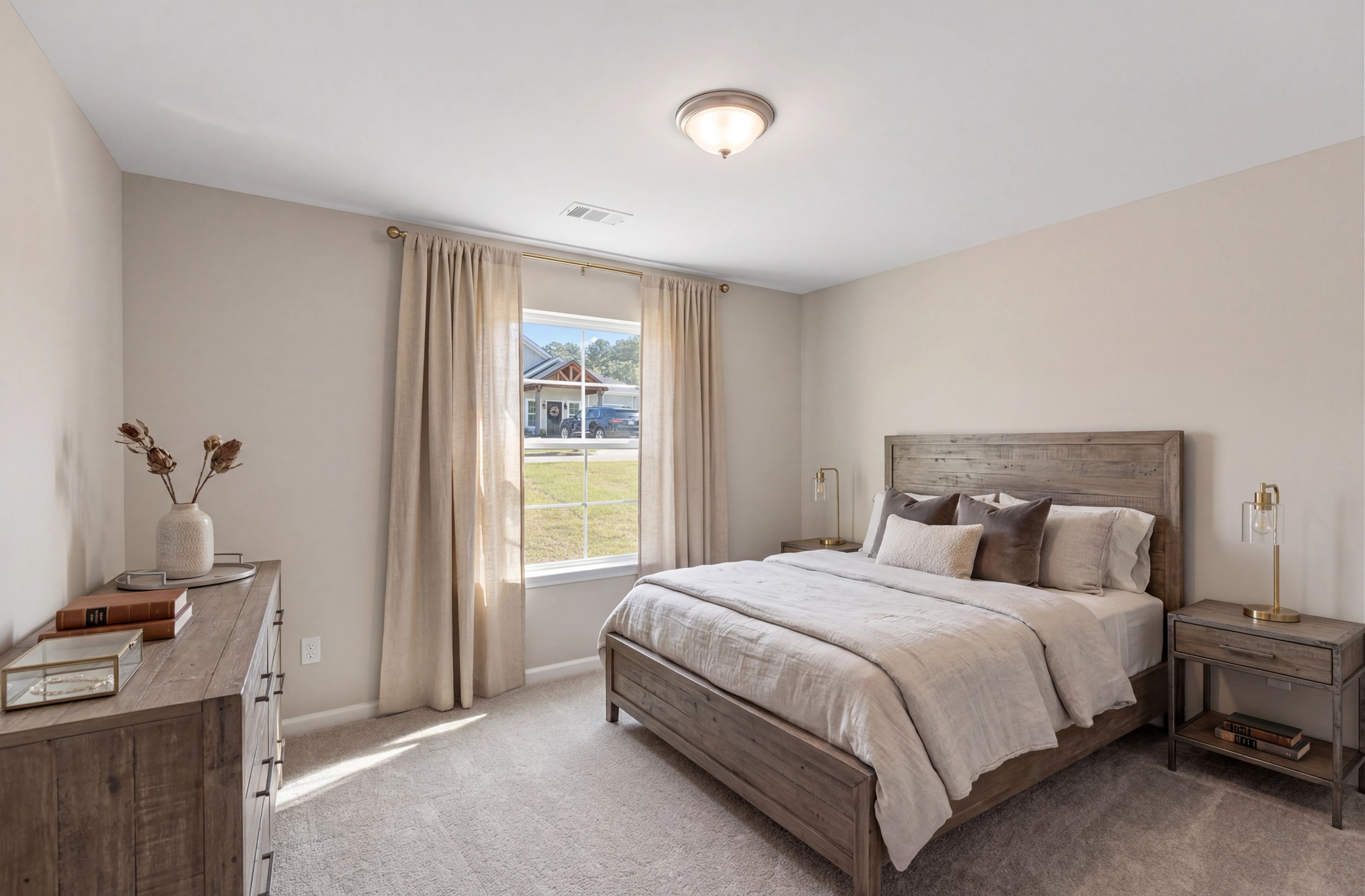Serene bedroom interior at Summer Vineyard in Phenix City AL with wooden bed, beige linens, dresser, and window view of green field