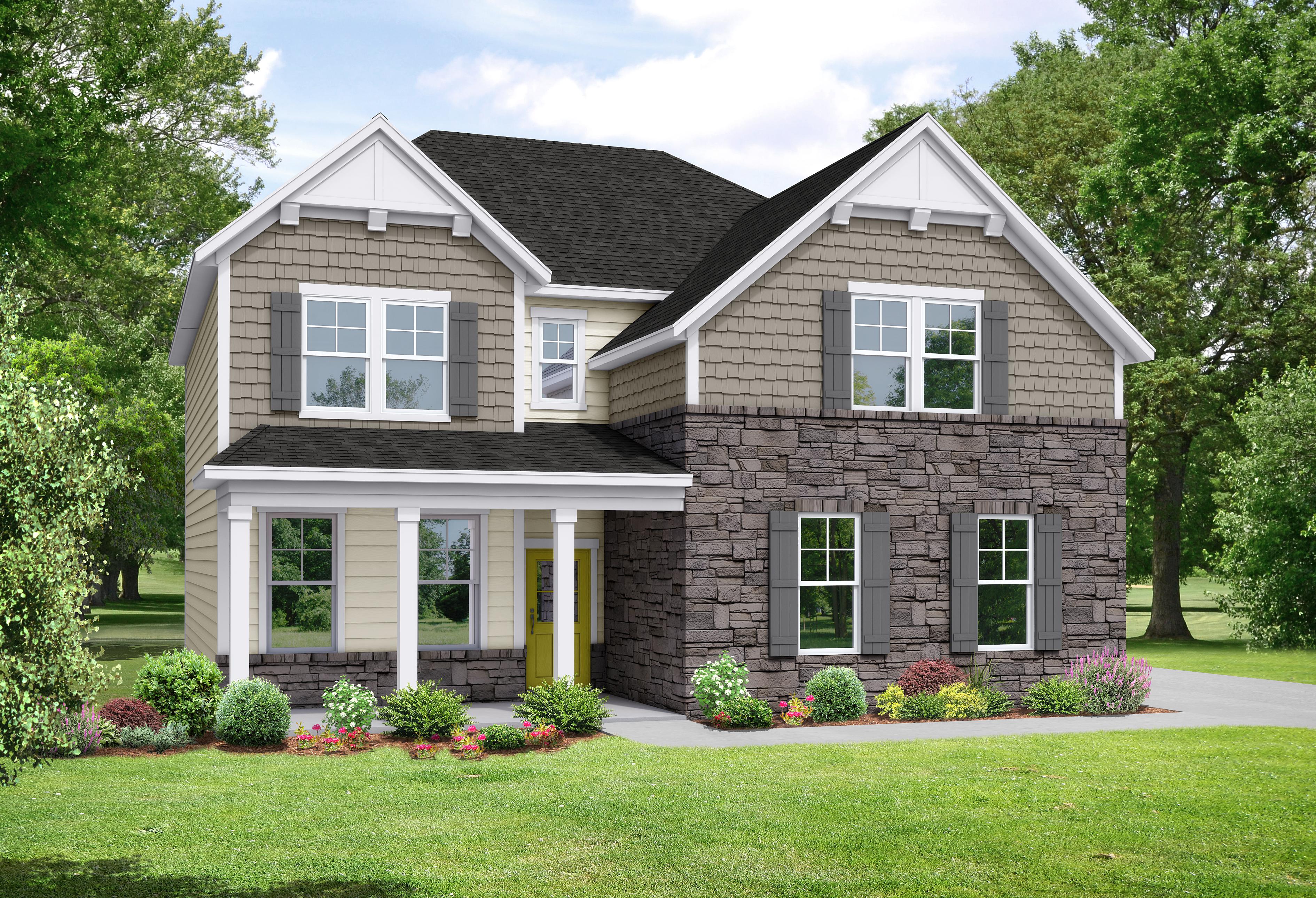 Two-story exterior elevation of The Willow by Davidson Homes featuring stone accents, shingle siding, and a covered porch.