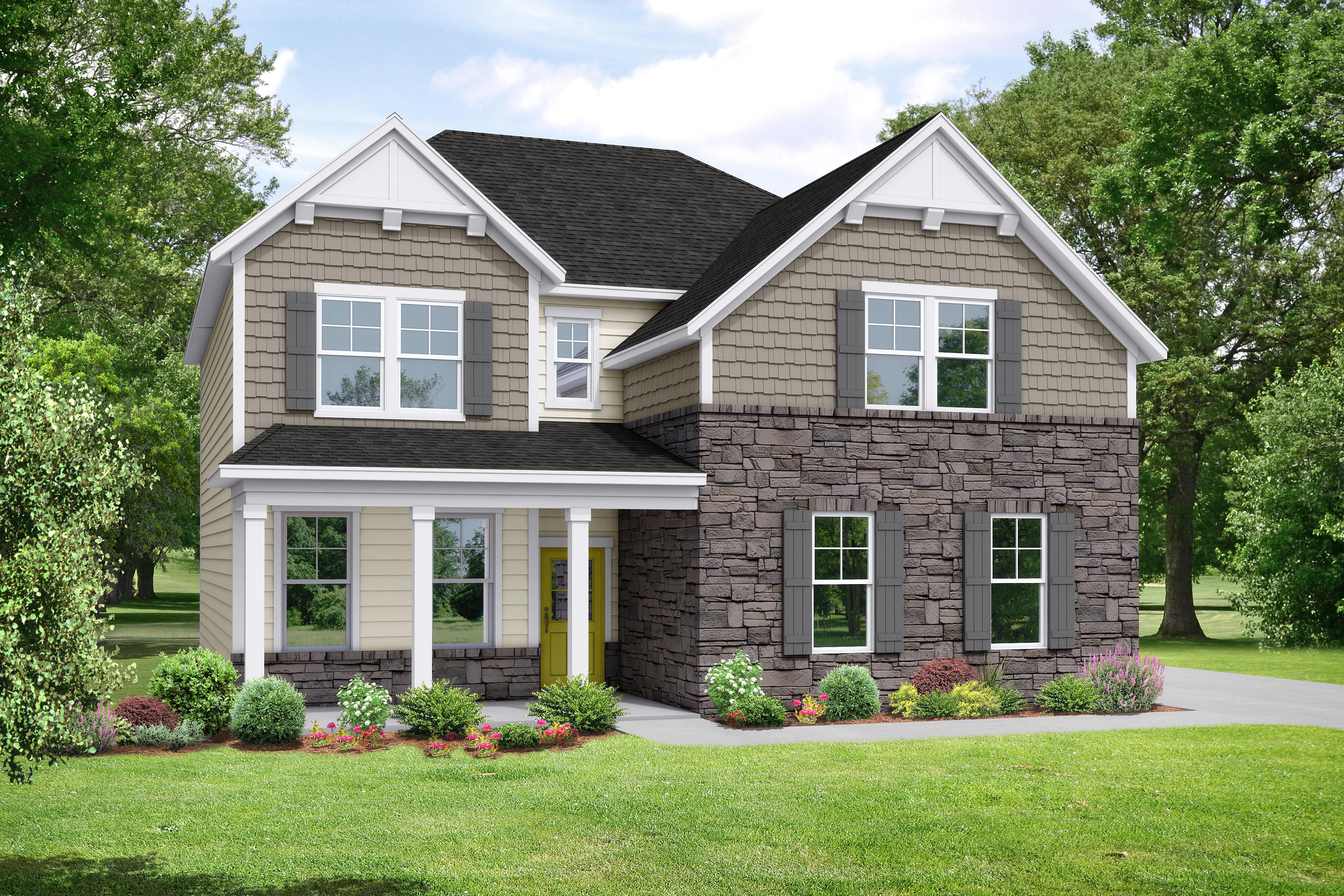 Two-story exterior elevation of The Willow by Davidson Homes featuring stone accents, shingle siding, and a covered porch.