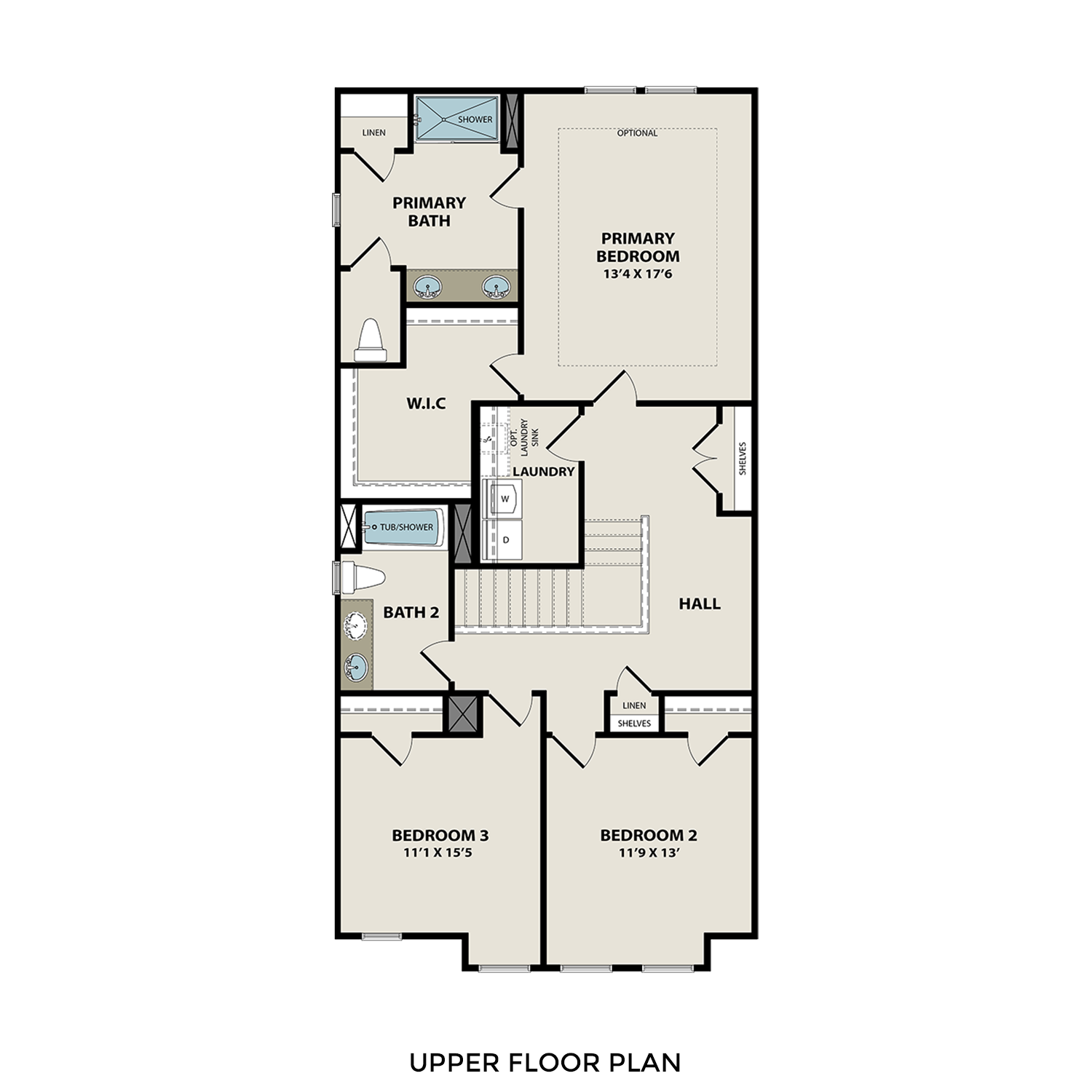 Upper floor plan of The Wake C: primary suite with bath and walk-in closet, two bedrooms, laundry in 3-bed Wylie Texas home