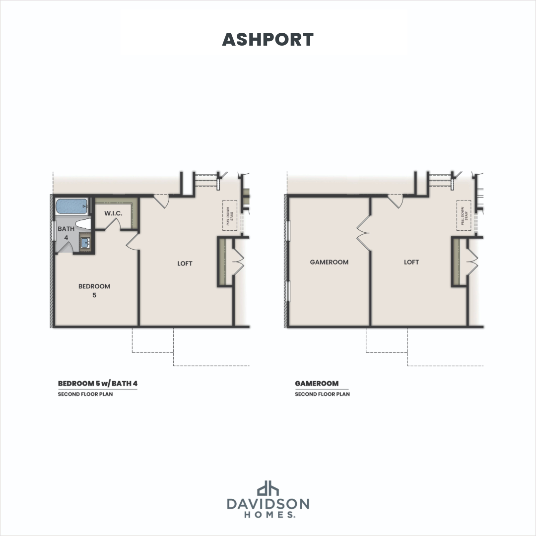 Ashport second floor plans by Davidson Homes: bedrooms with baths, loft, and game room configuration