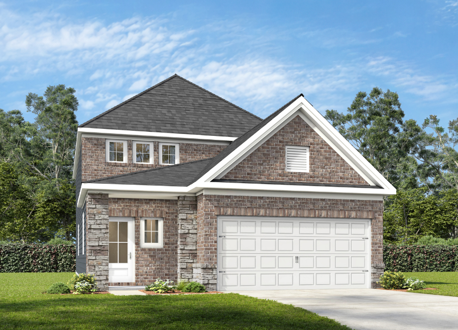 The Pinecrest K two-story single-family home featuring a brick and shingle exterior with a two-car garage.