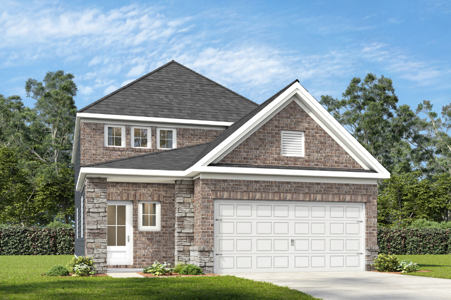 The Pinecrest K two-story single-family home featuring a brick and shingle exterior with a two-car garage.
