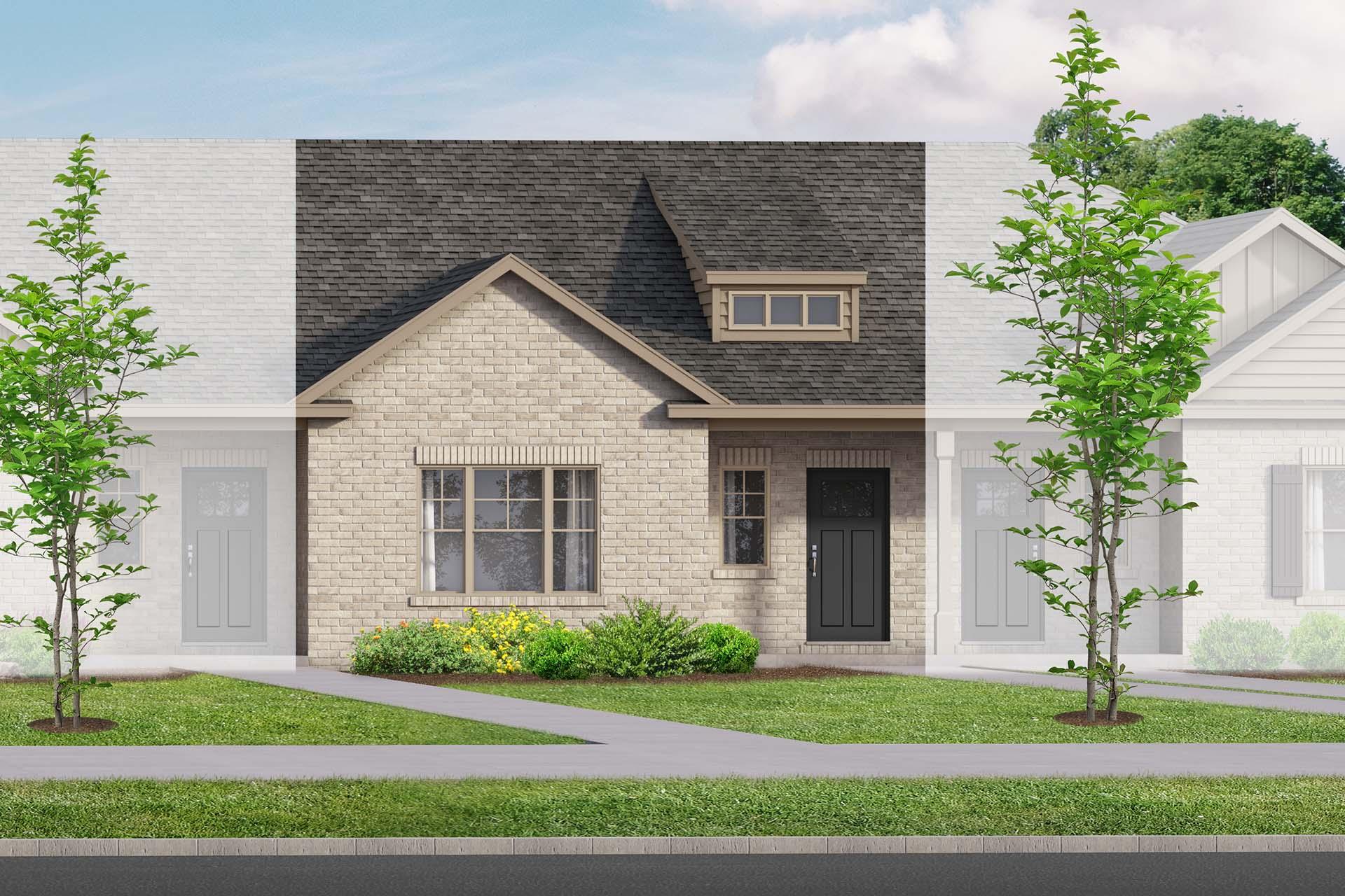 Beige brick single-story elevation of Camilla C home design by Davidson Homes in Hartselle, AL, with gabled roof and front landscaping