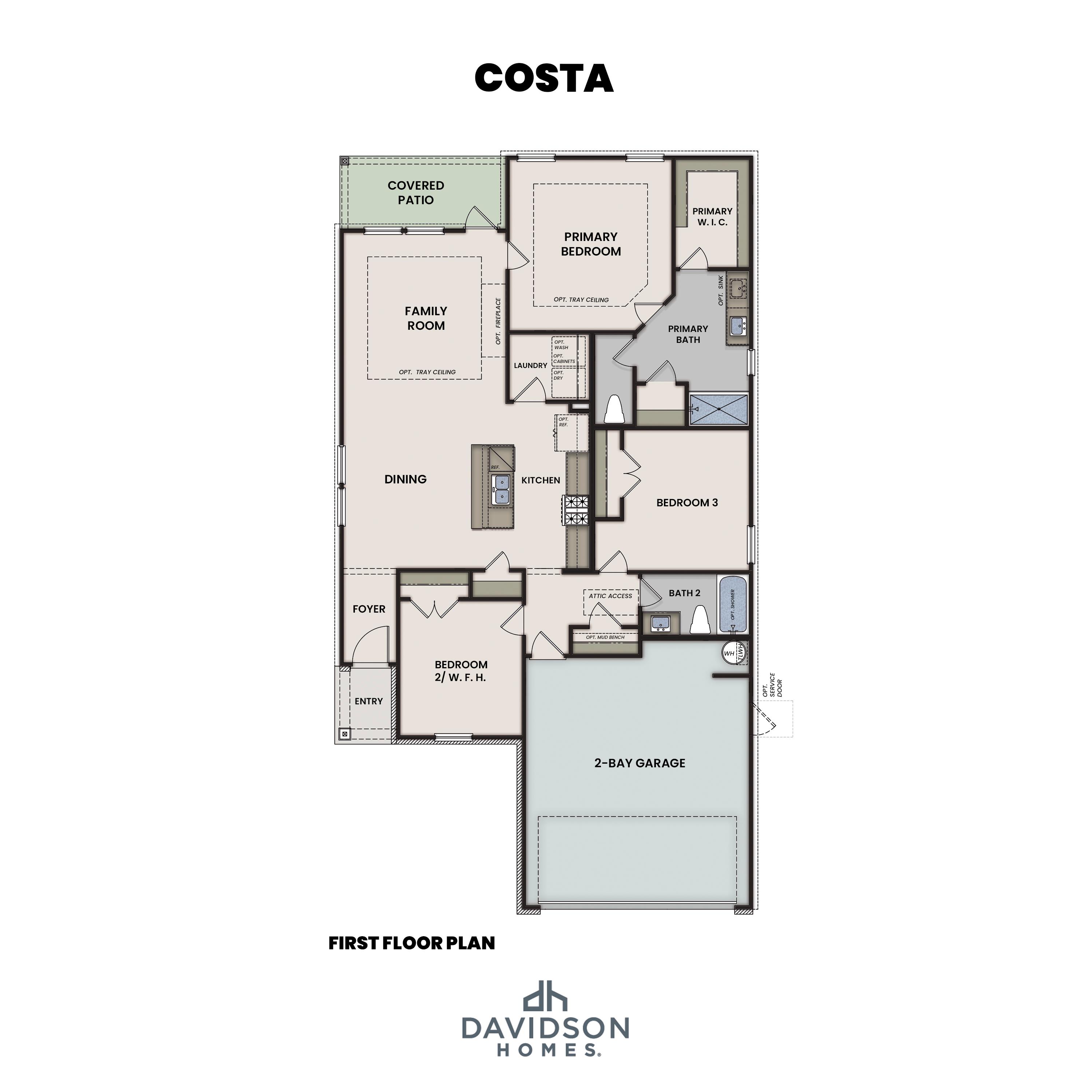 Floor plan of The Costa A 3-bedroom single-story home with 3-car garage, open kitchen, primary suite, and study by Davidson Homes